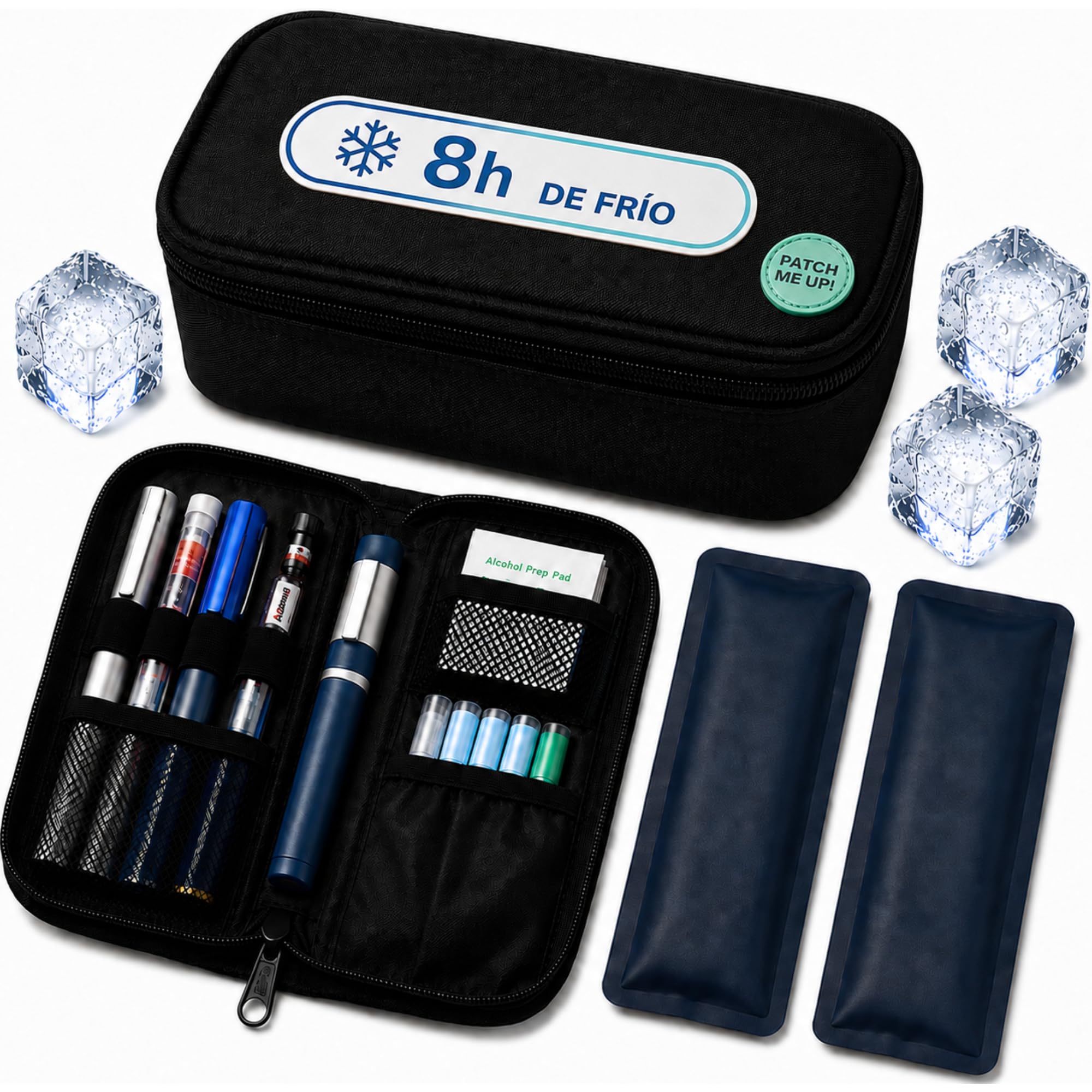 Nevera Insulina Portátil — Estuche Frío para Insulina y Medicamentos, Bolsa Isotérmica Viaje 21x9x6cm con Porta Plumas, Bolsa de Hielo Reutilizable, Forro Aluminio para Diabéticos (Negro)