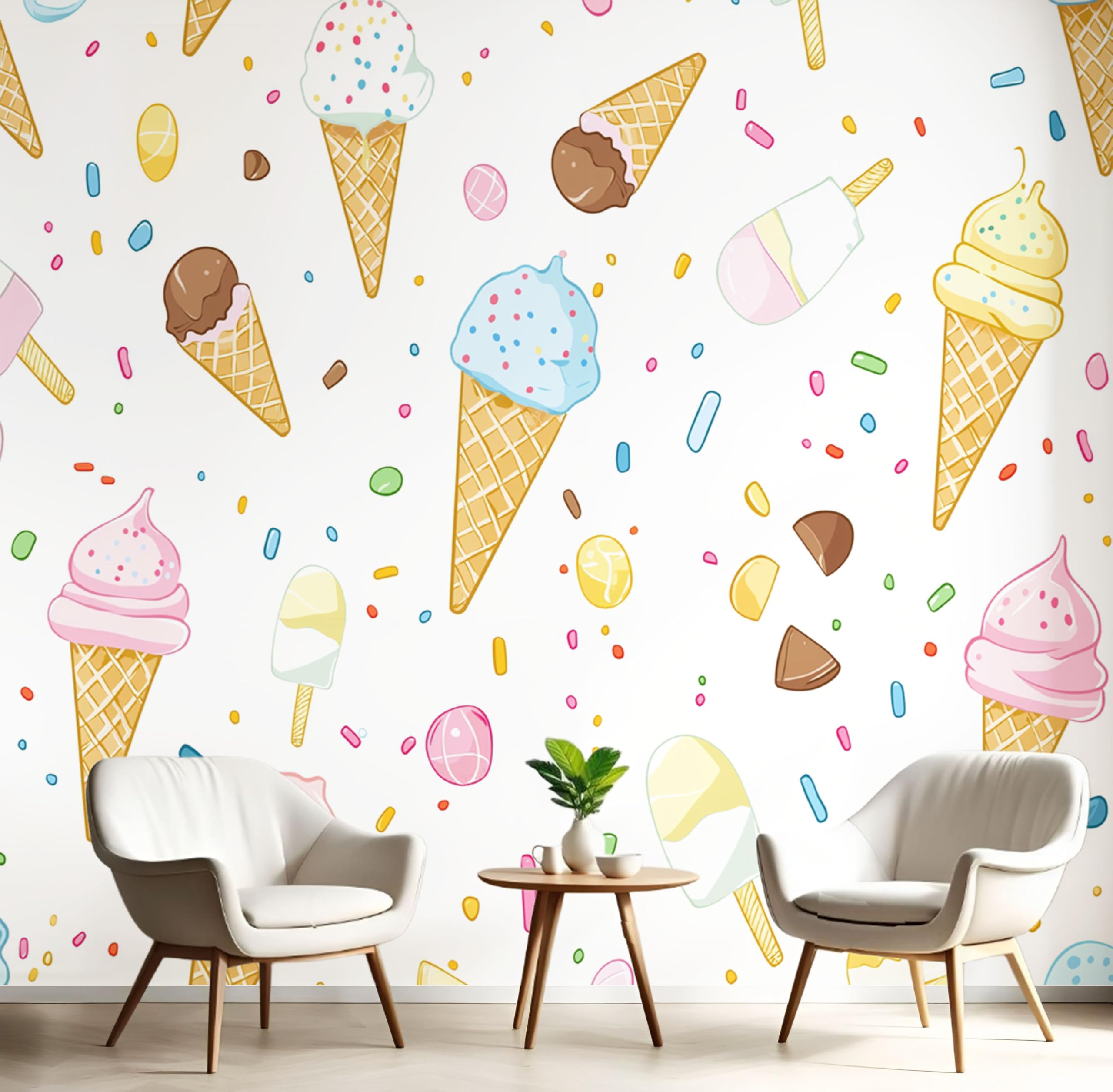 Carta Da Parati Cono Gelato, Stile Cartone Animato Carinomurale, 350×256Cm Ristorante Soggiorno Tv Parete Camera Letto Decorazione Della Parete Murali, Bianco