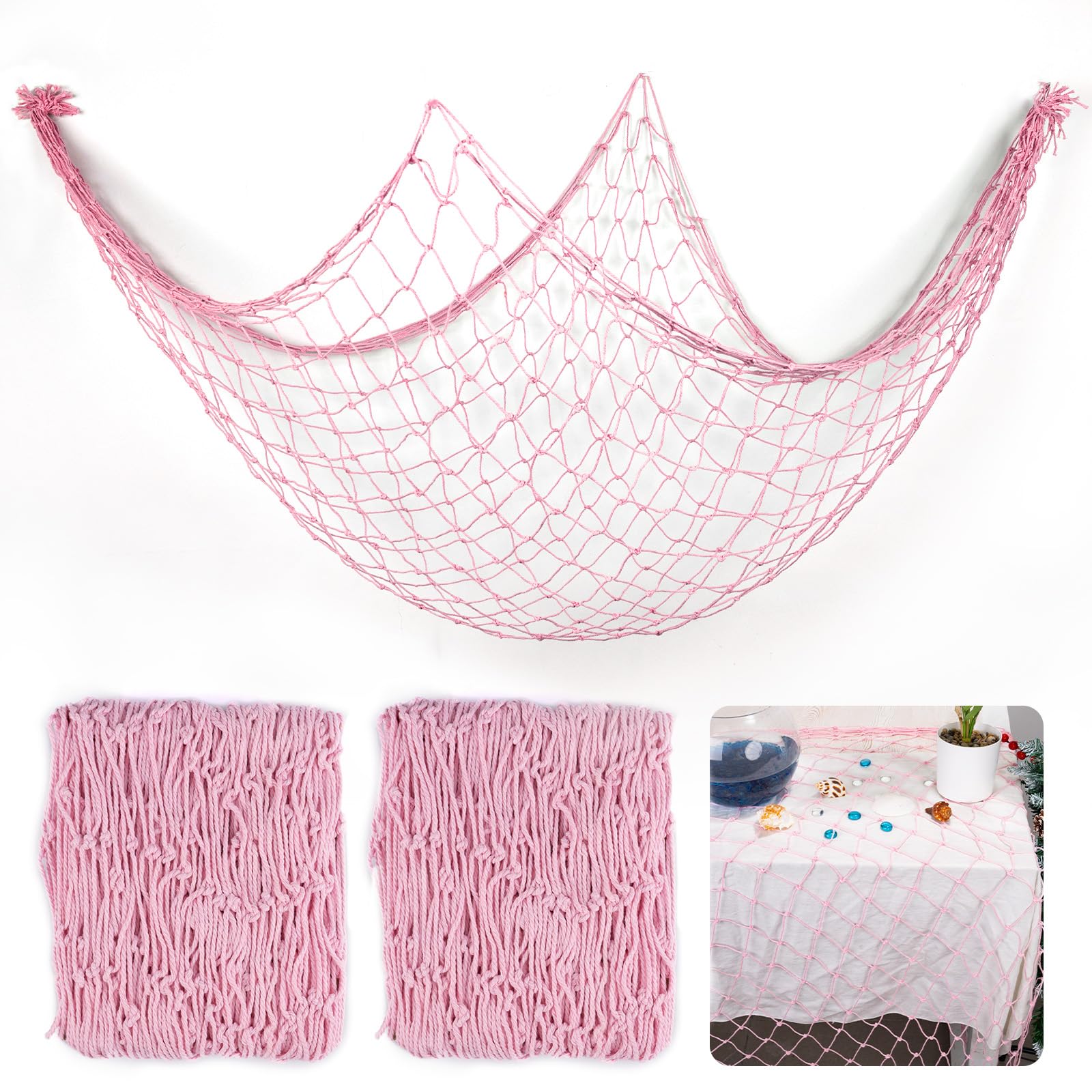 Photo 1 of 2 Pcs Fish Net Decorations, 39x78 Inch Cotton Nautical Themed Fishing Net, Wall Hanging Photo Display Fishnet for Coastal Bedroom Bathroom, Pirate Hawaiian Beach Under The Sea Party Decor, Light Pink