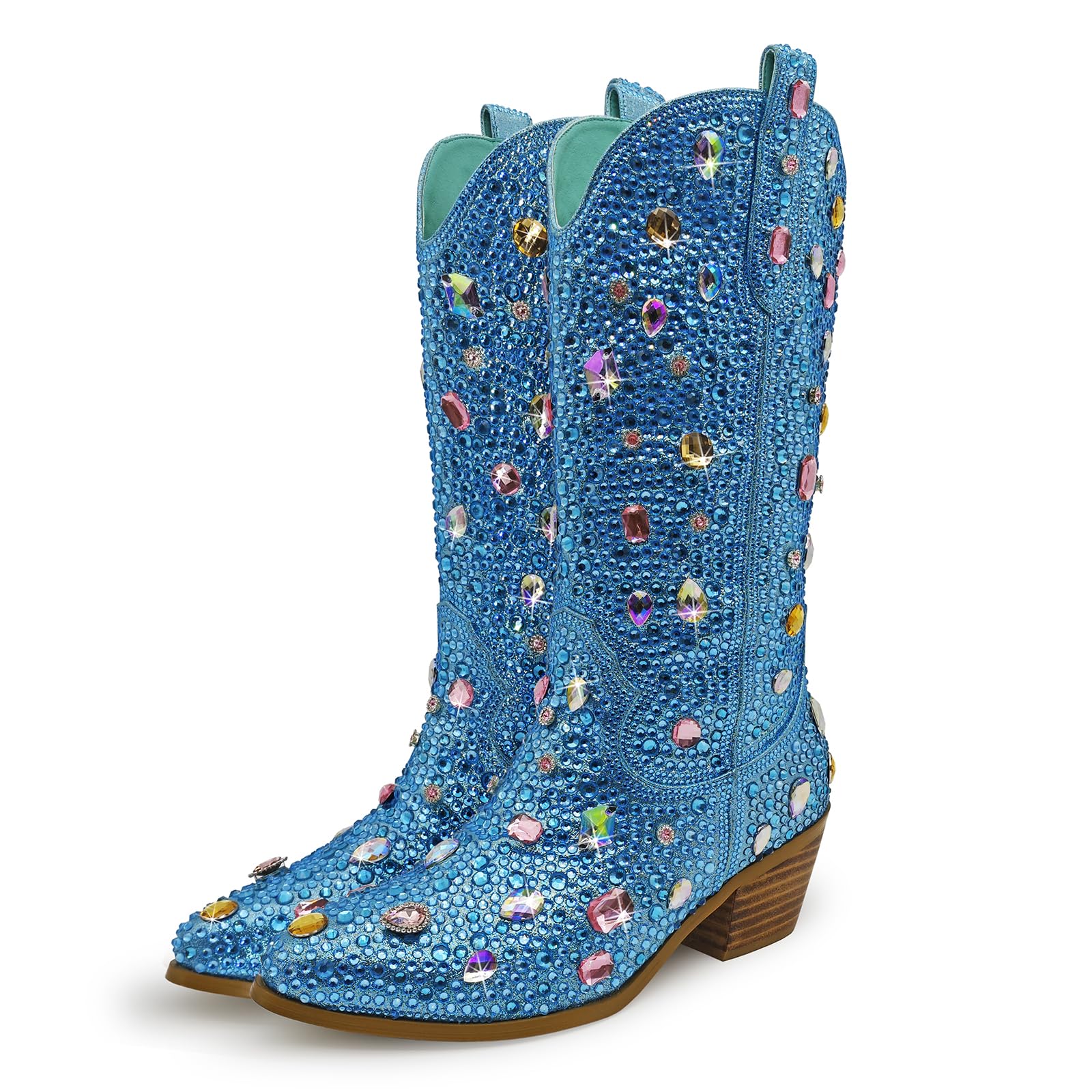 Sparkle Rhinestone Cowboy Boots for Women Mid Calf Western Wide Calf Short Cowgirl Boots Fashion Pointed Toe Glitter