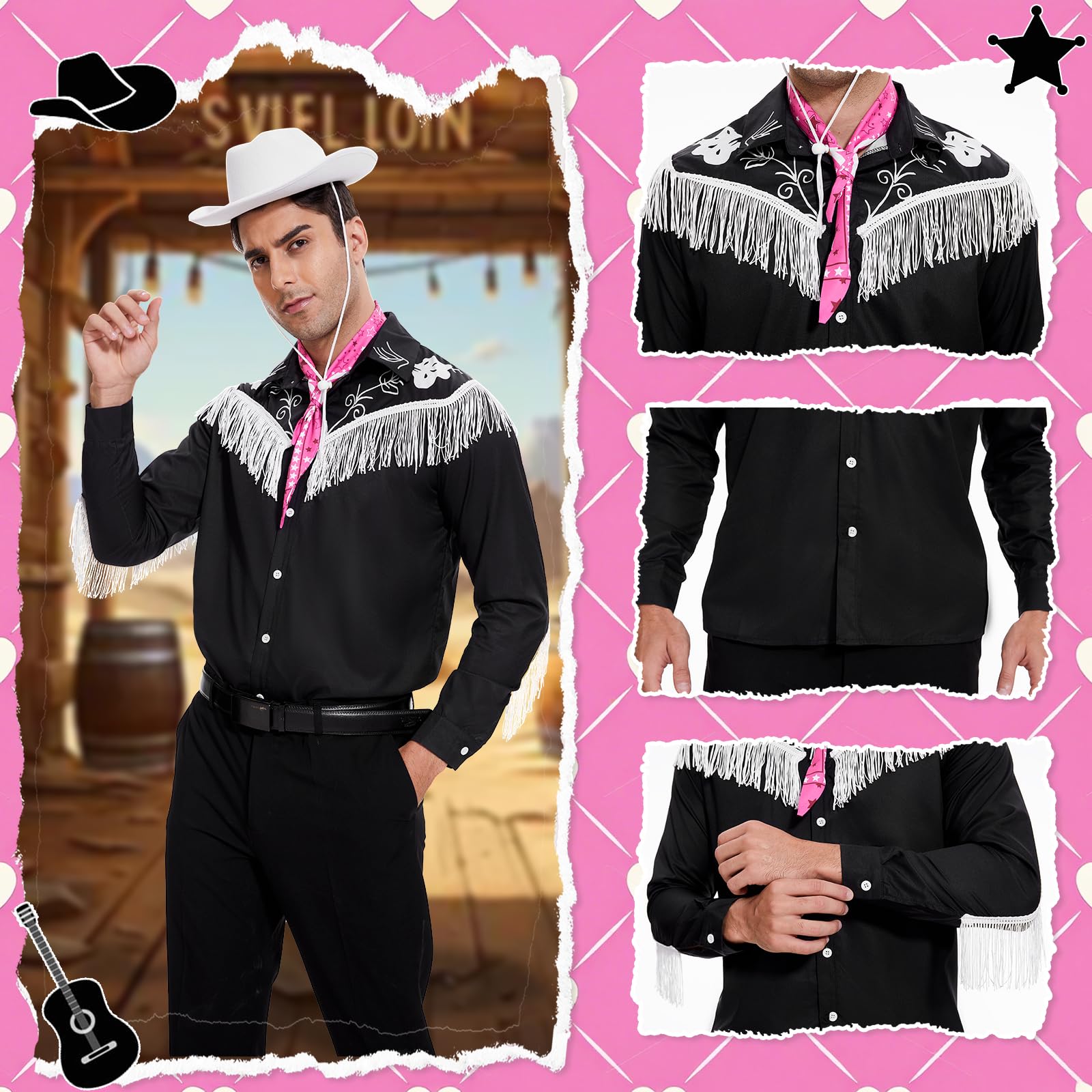 AKFJDLAD Men Western Classic Shirt Cowboy Costume Halloween Long Sleeve Black Printed Shirt with White Fringe Cosplay Costume with Scarf (2XL) - Image 4