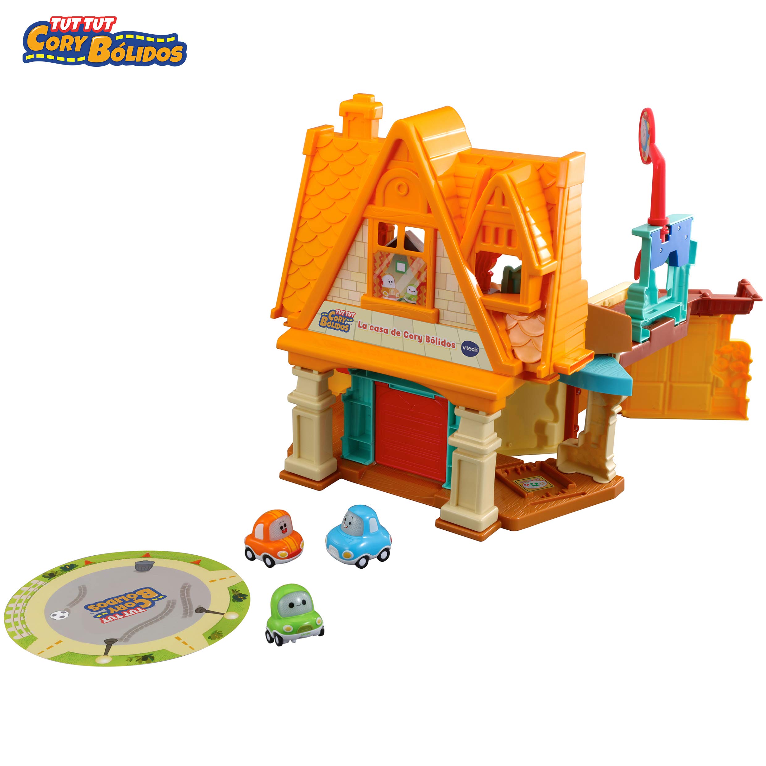 VTech - La Casa de TutTut Bólidos, playset Interactivo con Diferentes Elementos para manipular e interactuar, Incluye Tres Coches y Varias Zonas mágicas Que activan respuestas, Multicolor