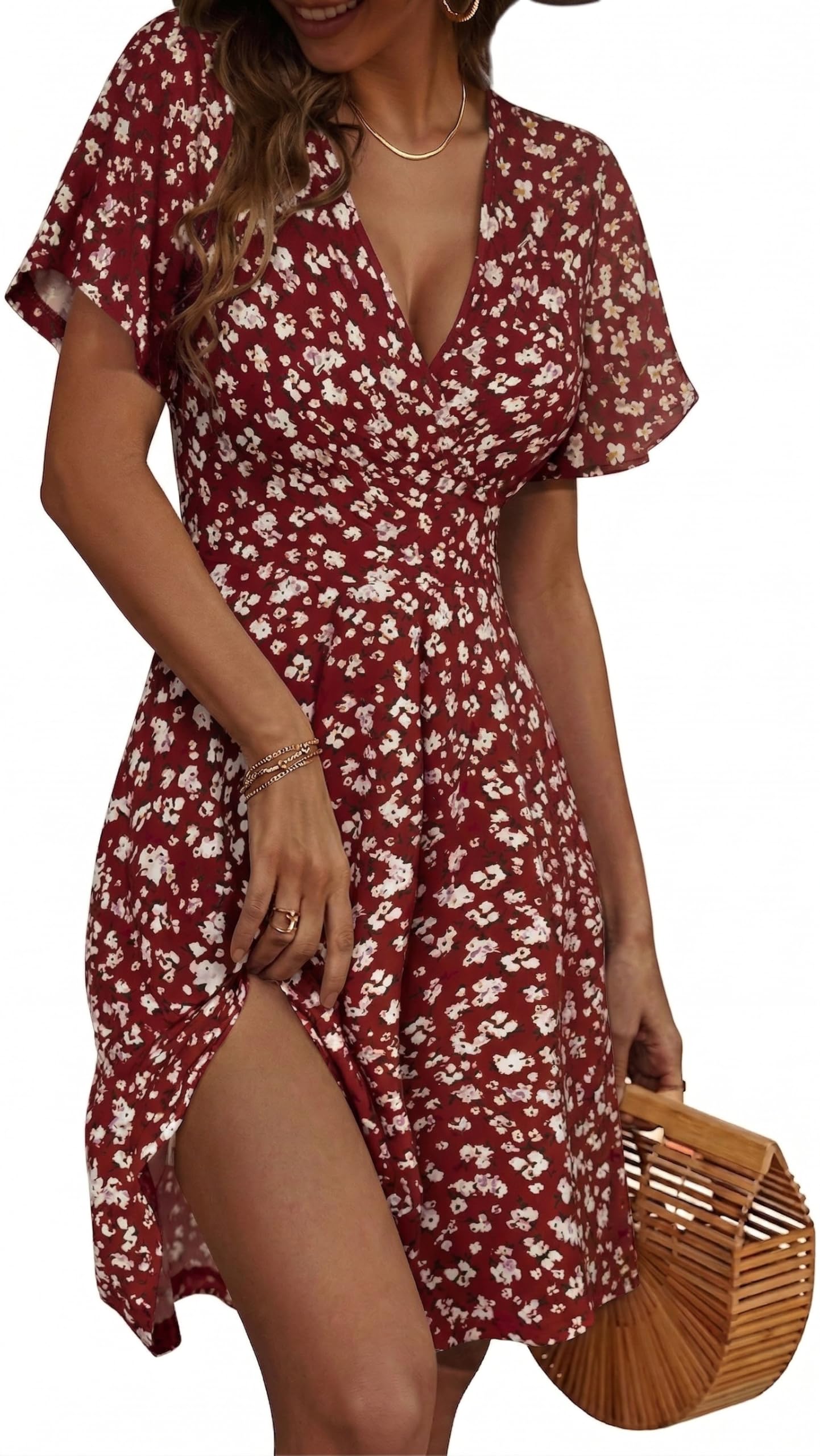 Zeagoo Sommerkleid Damen V-Ausschnitt Kurzarm Kleider Strand Blumenmuster Kleid mit Taschen Rüschen Ärmel Wickelkleid S-XXL