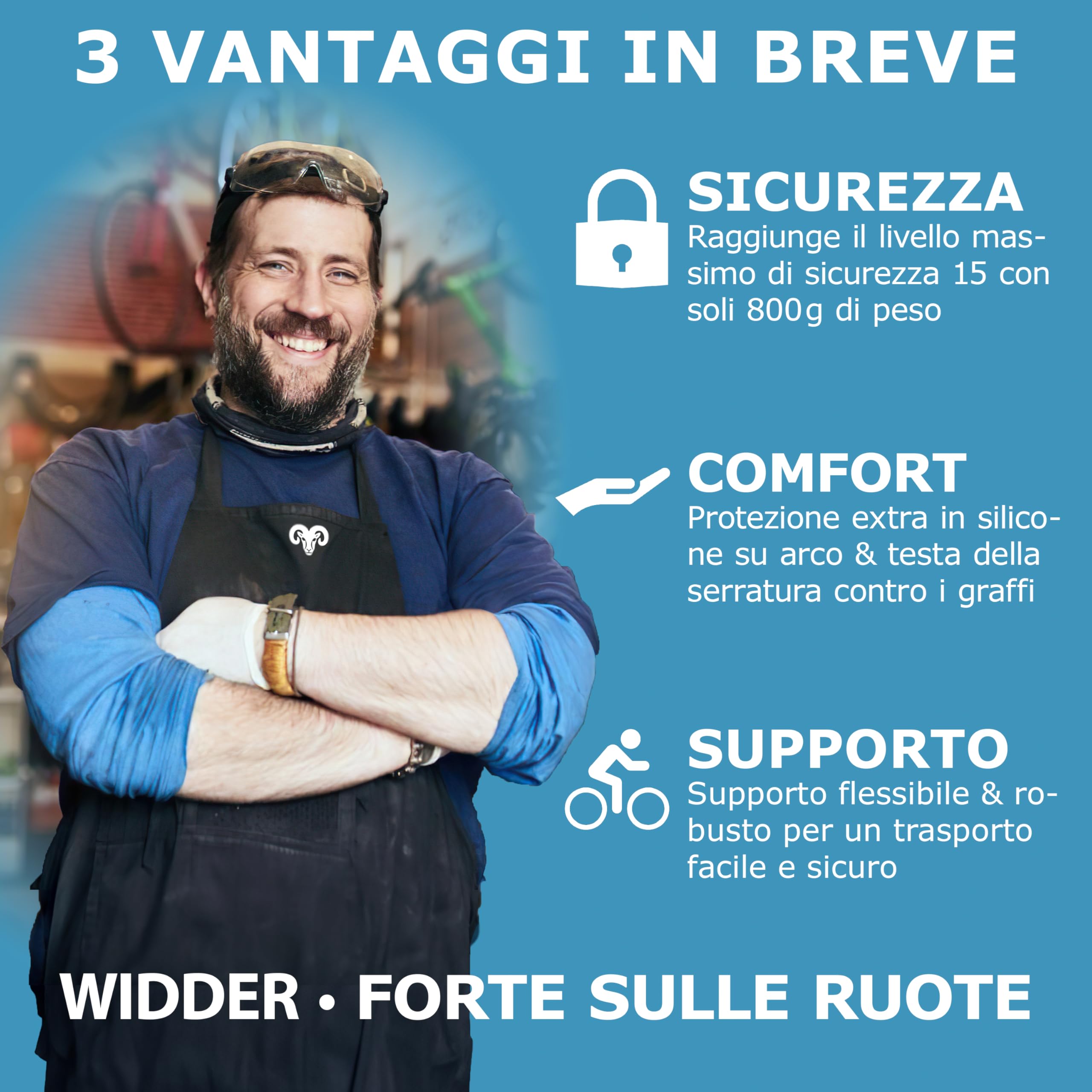 WIDDER piccolo antifurto ad arco [alta sicurezza, 800g] arco in acciaio massiccio da 14 mm – antifurto a U alta sicurezza – supporto & 3 chiavi, lucchetto ad archi e‑bike, e‑scooter, bici da corsa