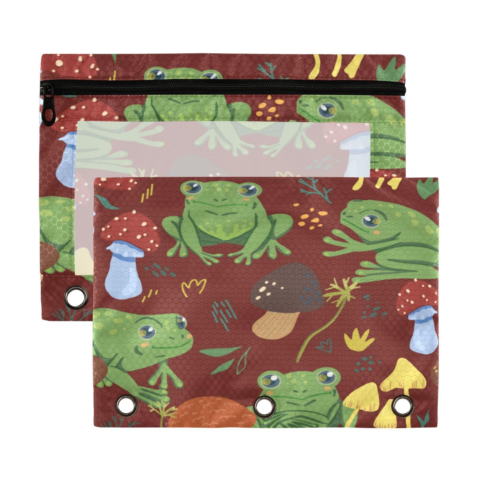2 Pack Binder Pencil Pouch 3 Ring Zipper Clear Window Pen Case Big Capacity Cosmetic Bag Storage Container for Storing School Office Supplies Cute Frogs and Forest Mushrooms