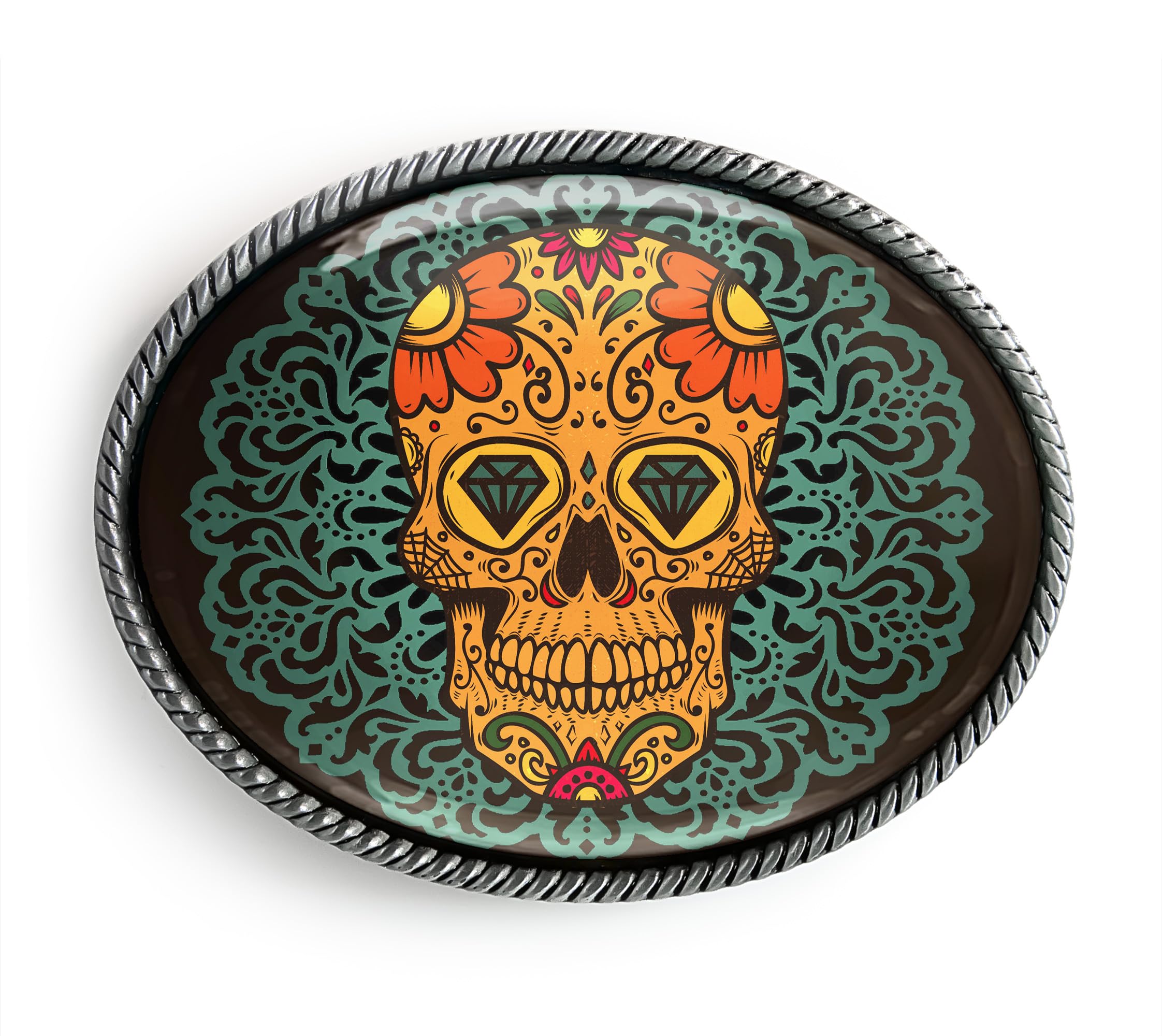 Ornate Muertos Belt Buckle - Mexican Day of the Dead Skull Handmade Artisan Buckle (Antique Silver)