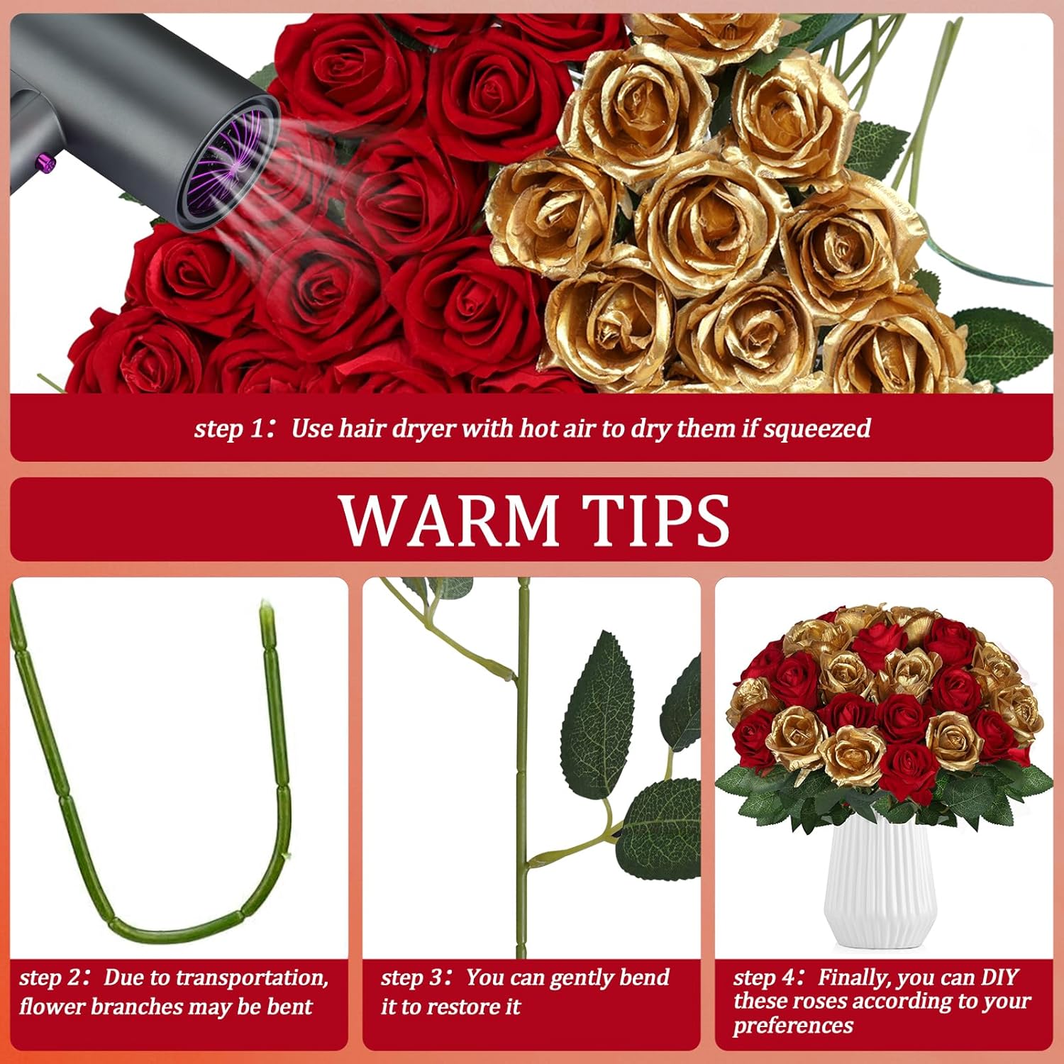 30pcs Fake Roses Artificial Silk Flowers Long Stems Bouquet for Wedding Bridal Shower Party Home Decoration (Burgundy + Gold)