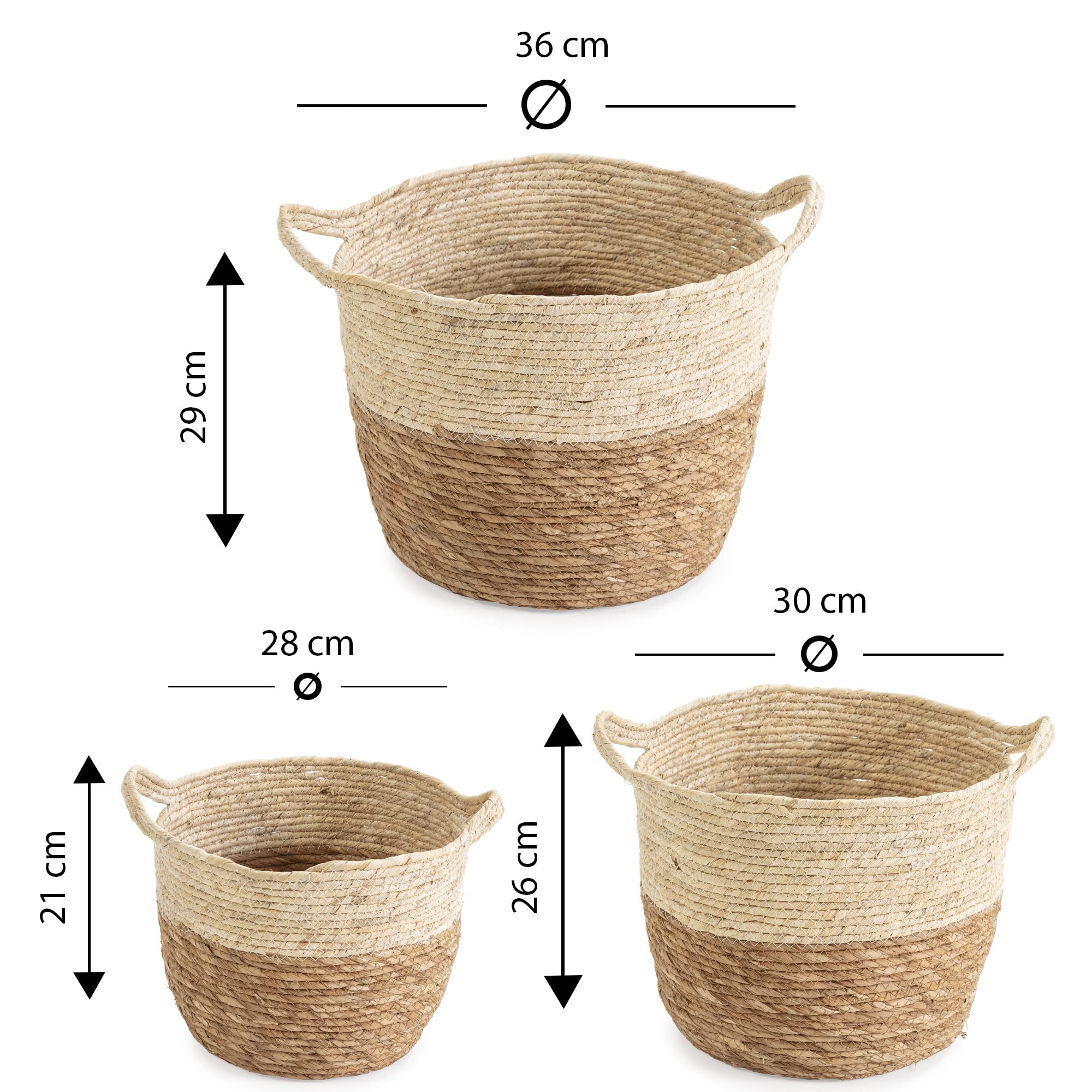 Set de 3 cestas Brais de fibra natural con asas, color blanco/natural