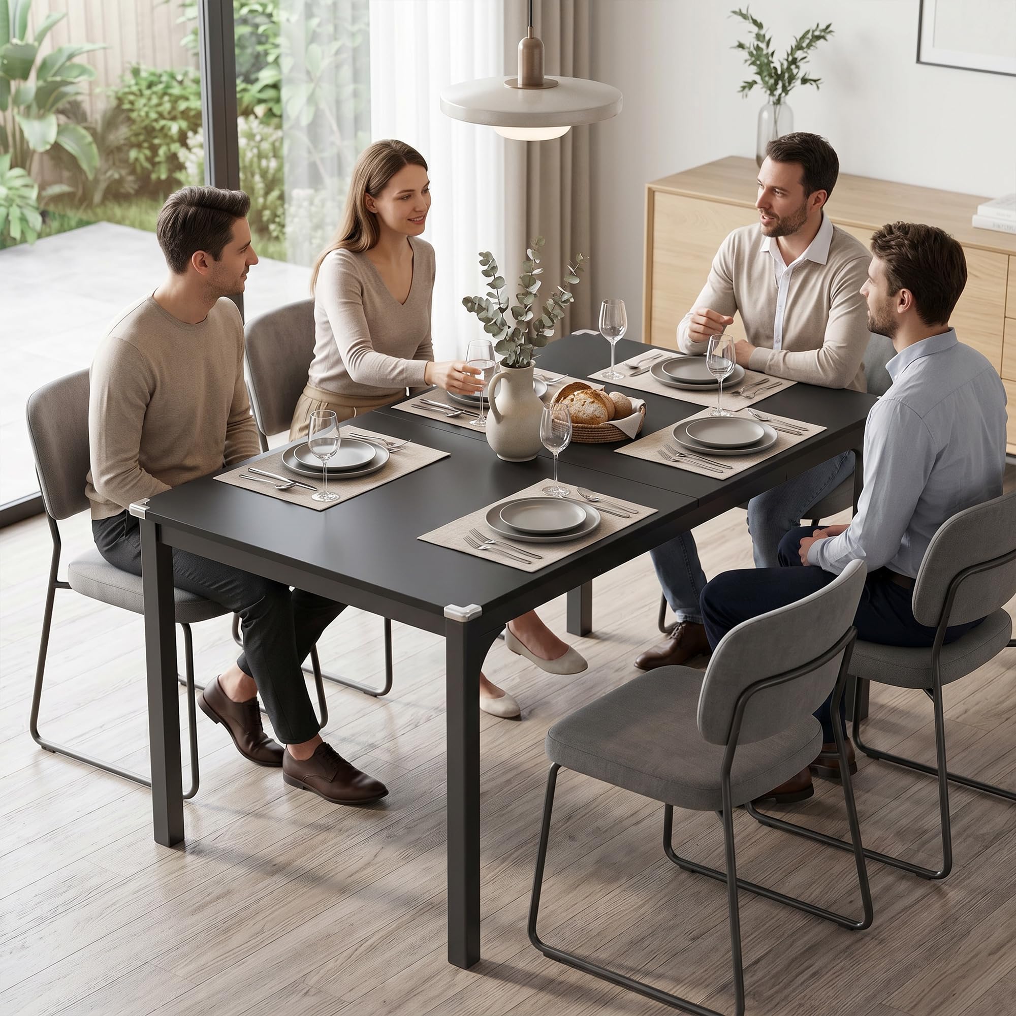 HOMCOM Tavolo da Pranzo Allungabile 4-6 Posti Espandibile 120-160 cm Nero | Tavolo Moderno, da Cucina e Studio, Rettangolare, con Gambe in Acciaio