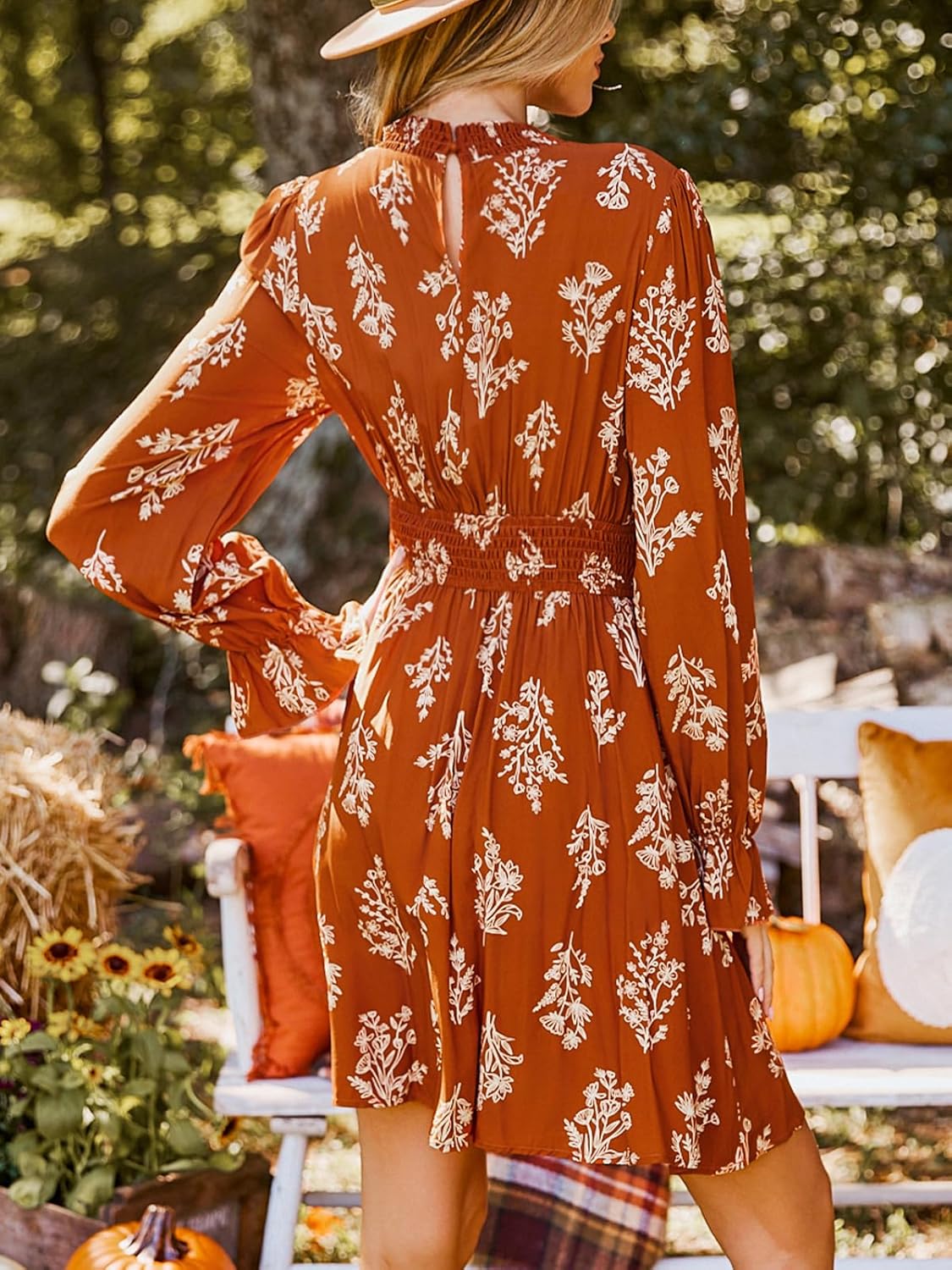 CUPSHE Women's Mock Neck Floral Mini Fall Dress Long Ruffle Sleeve Elastic Waist Smocked Casual Flowying Mini Dresses - Image 2