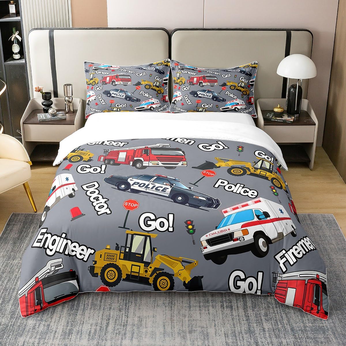 richhomeKids Cars 100% Nature Duvet Cover Double Size,Watercolor Fire Trucks Police Cars Ambulances Super Soft Bedding Set,City Transportation Vehicles Comforter Cover Bedding