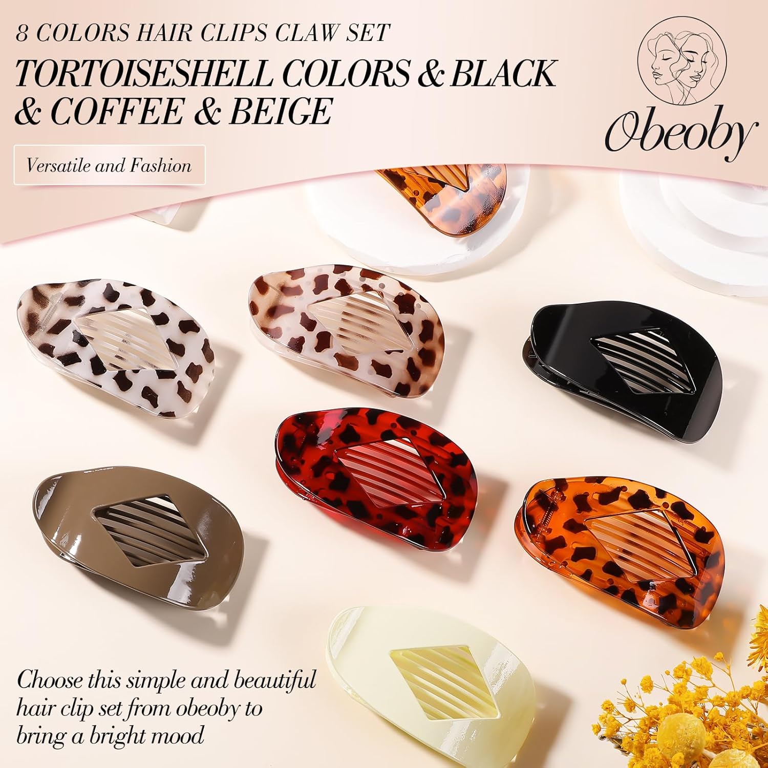 Obeoby 8 Pcs Flat Claw Clips for Women, Strong Hold French Flat Hair Clips for Thick Thin Hair Barrettes Accessories Round Large Medium (Tortoiseshell) - Image 3