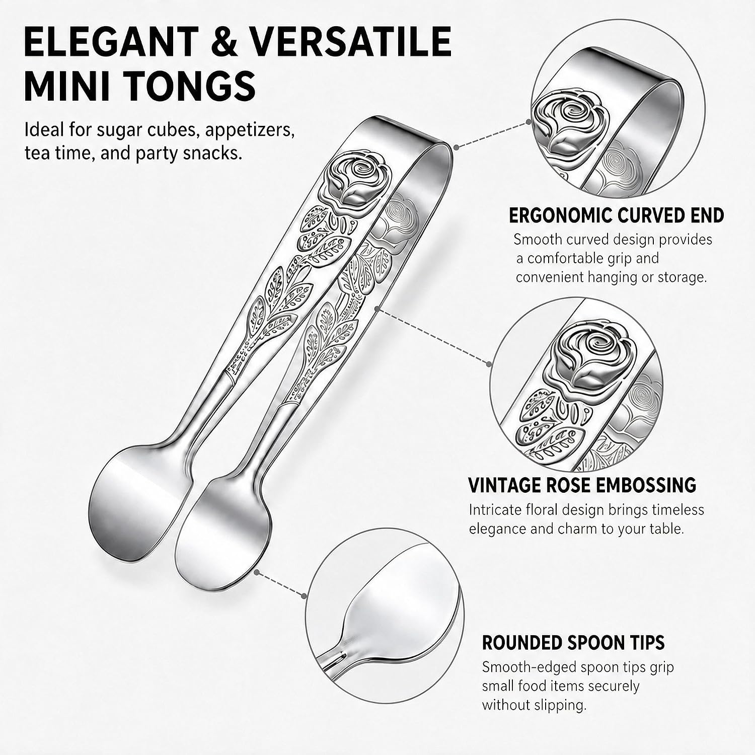 6PCS Mini Serving Tongs, 4.33-Inch 304 Stainless Steel Sugar Tongs