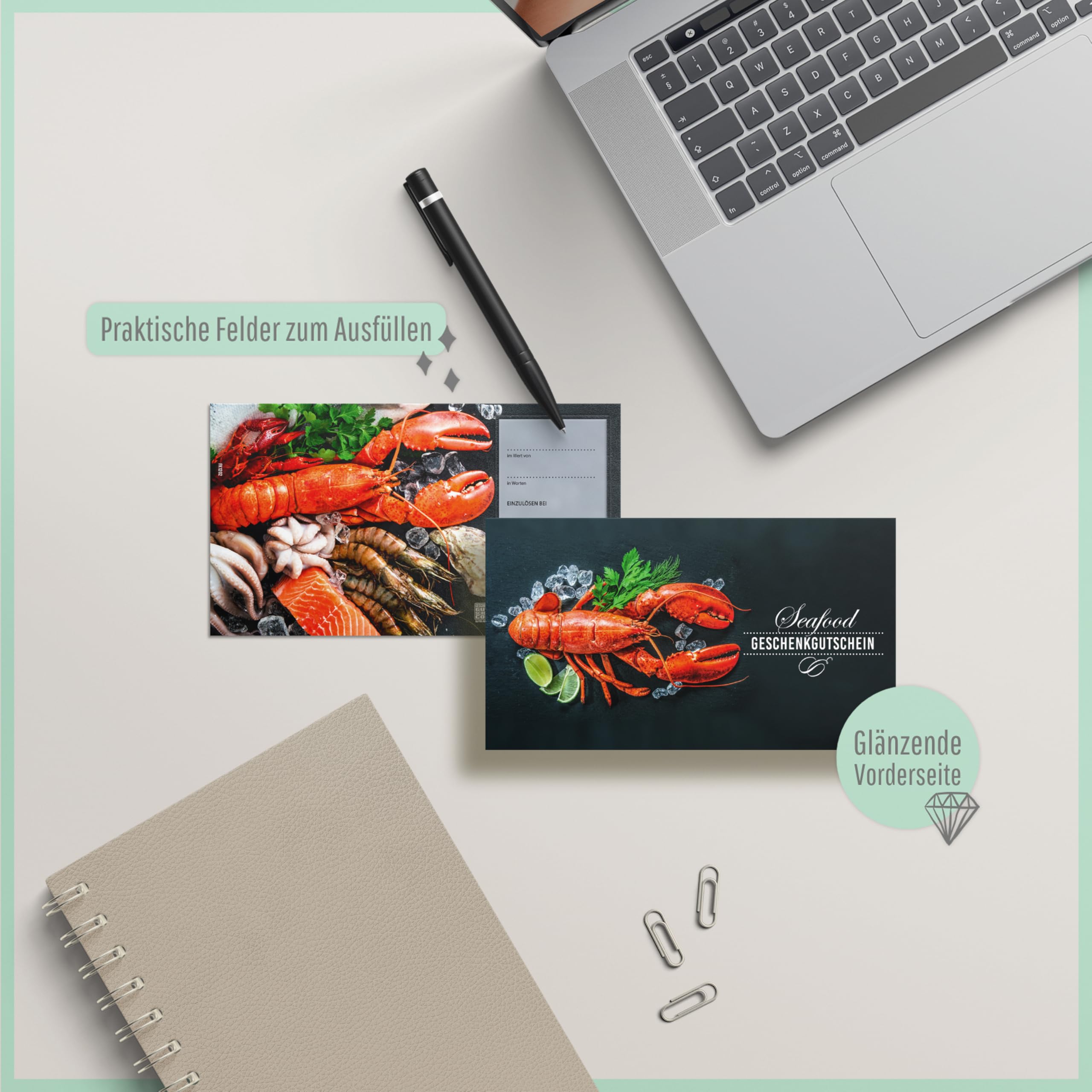 Gutschein-Set. 100x Gutschein + Kuvert. Für Fischgeschäft Fischzucht blanko zum selber Ausfüllen.