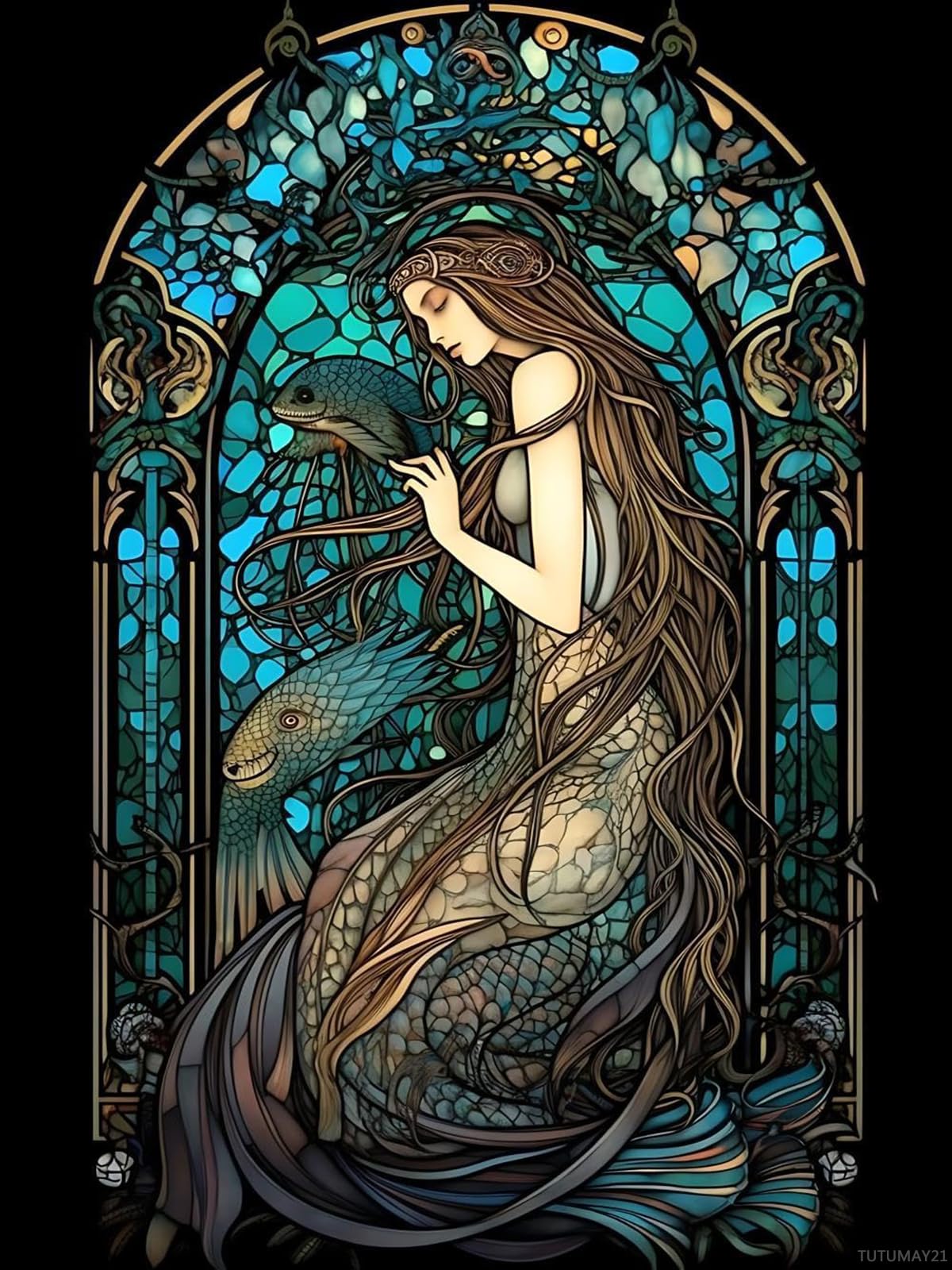 TUTUMAY21 5D Ocean Animals Diamond Painting Kits, Beautiful Mermaid Stained Glass Art for Adults, Full Drill Round Gem Art Home Wall Decor Gifts
