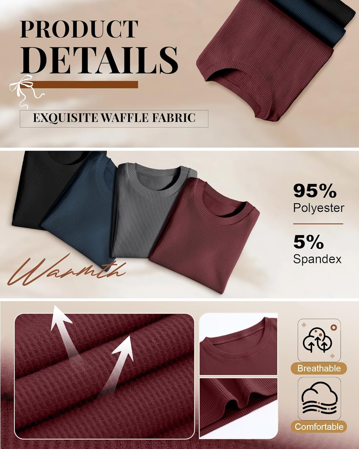 3 Pack Women's 3/4 Sleeve Waffle Knit Tops Oversized Crewneck T-Shirts Loose Casual Blouses Side Split Tees(Black, Navy Blue, Wine Red,X-Large) - Image 5