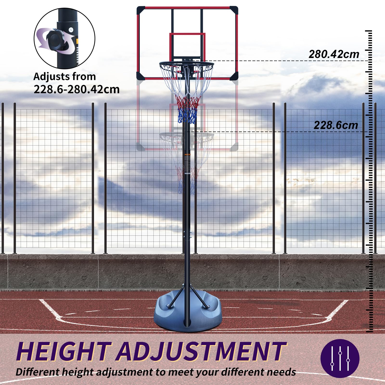 Canestro da Basket da Esterno in Acciaio, Regolabile, Nero e Rosso, 280 cm