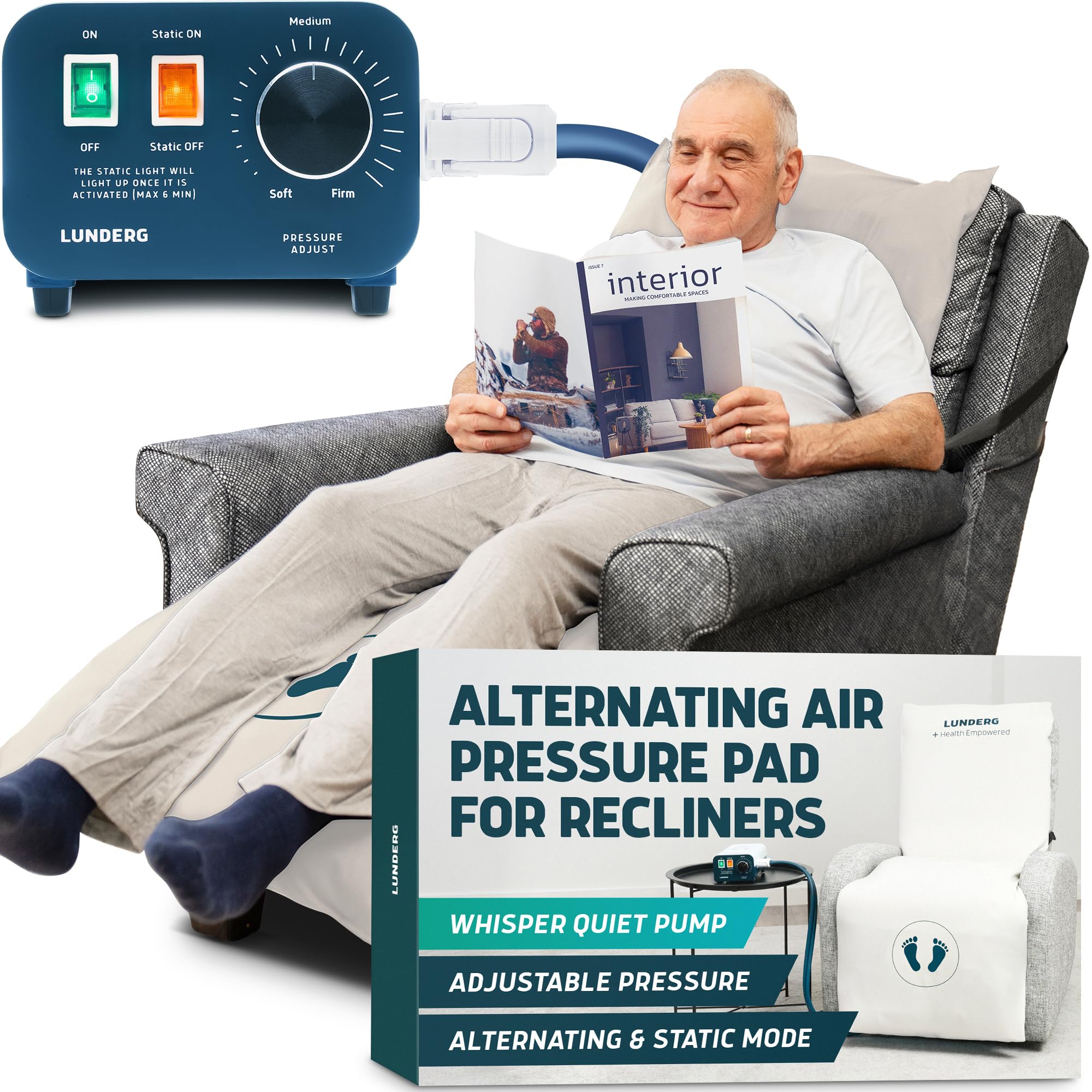 Lunderg Alternating Air Pressure Pad for Recliner Chair - Pressure Relief Cushion Topper for Recliner - Bed Sore Prevention - Medical Grade Mattress Pad, Cover & Quiet Pump - Home or Hospital (Cream)