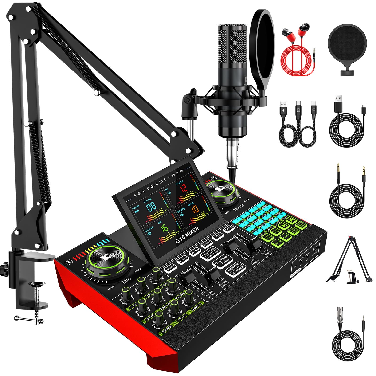 Podcast Equipment Bundle with 3.5mm P15 Condenser Microphone for Pc/Phone Live Streaming Singing Gaming, Podcast Microphone Bundle with Live Sound Board Audio Mixer,Voice Changer, Denoise,DJ Sets