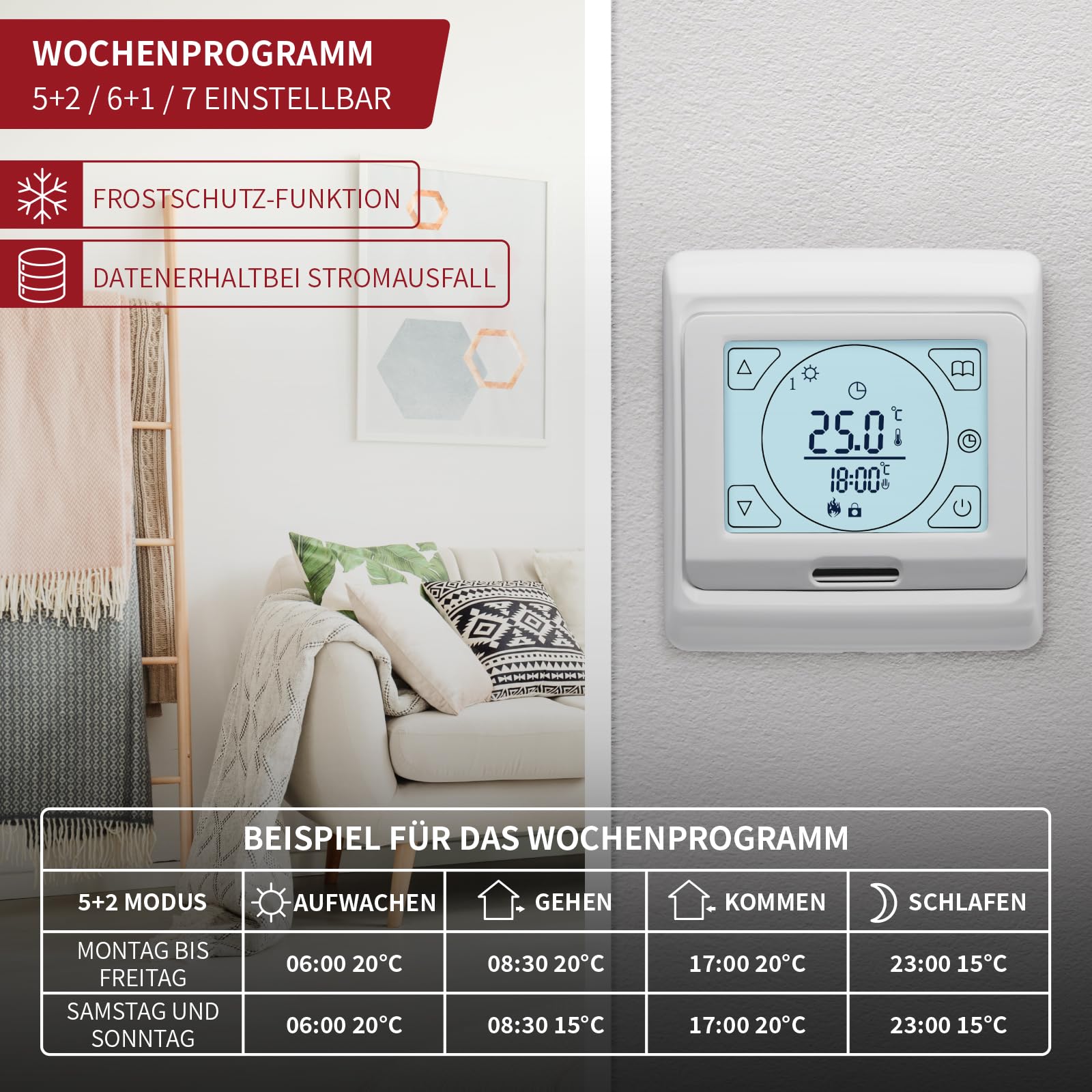 KEZERS Riscaldamento a pavimento elettrico 150 W/m², autoadesivo per piastrelle, laminato e altro, termostato digitale touch con programma settimanale per bagno, corridoio, camera da letto, soggiorno