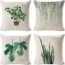 Set of 4 Cushion Covers, 45 x 45 cm, Tropical Leaves Cushion Covers, Waterproof Outdoor Cushions, Polyester Linen Pillow Covers, for Sofa, Office, Car, Home Decoration