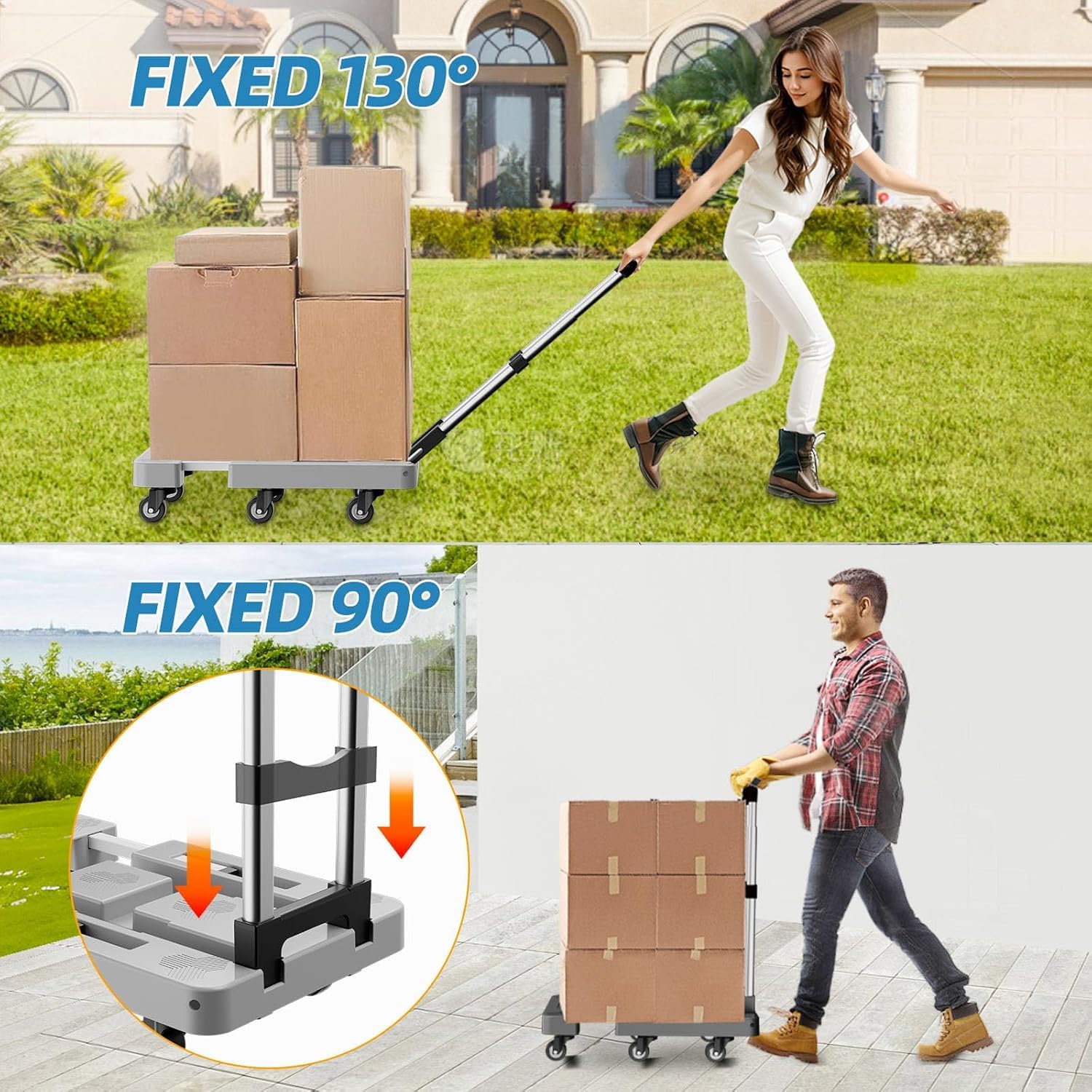 Carretilla de mano plegable, carrito resistente de 6 ruedas, capacidad de 500 libras, mango y base ajustables, plataforma portátil para mudanzas, oficina y viajes, incluye 2 cuerdas y bolsa de