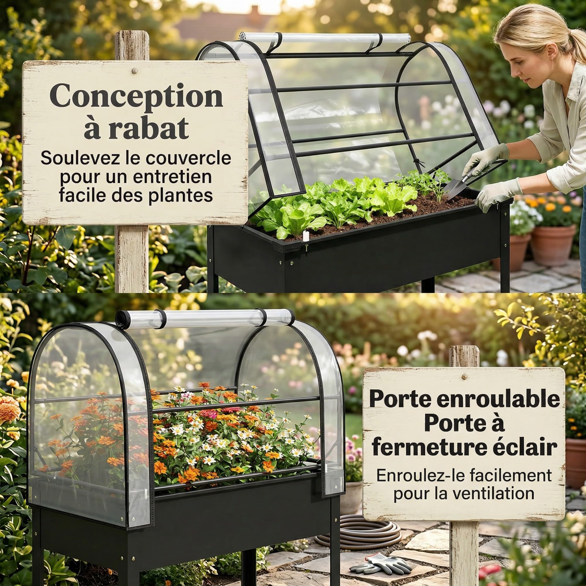 Outsunny Potager sur Pieds avec Serre Rabattable 100 x 49 x 136 cm Noir | Jardinière Haute sur Pied en Métal 97L, Trou de Drainage, pour Plantes Fleurs et Légumes