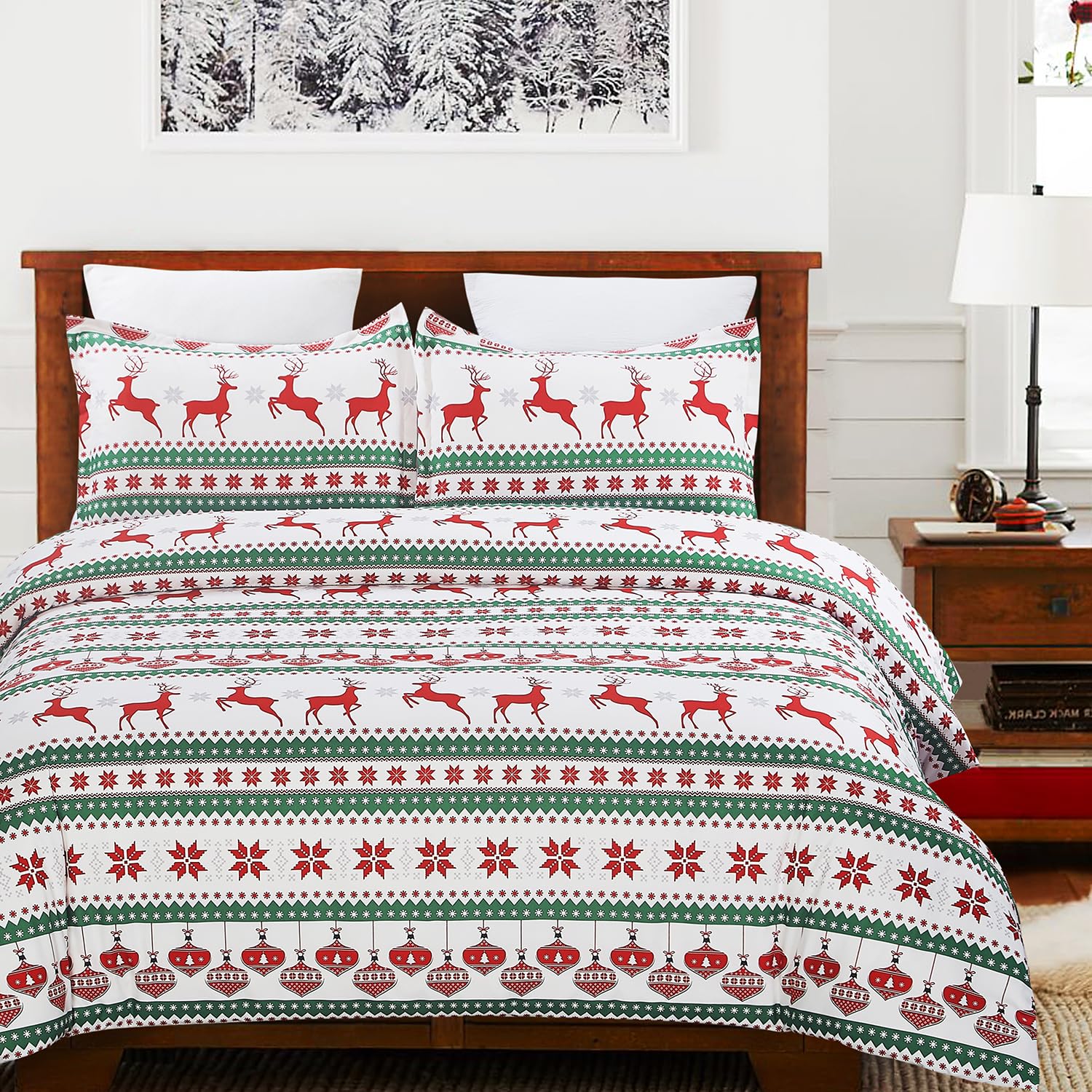 Vaulia Christmas Duvet Cover Set King, Microfiber Red Green Snowflake Reindeer Printed Winter Comforter Cover Set Holiday Decor with 1 Duvet Cover and 2 Pillow Shams