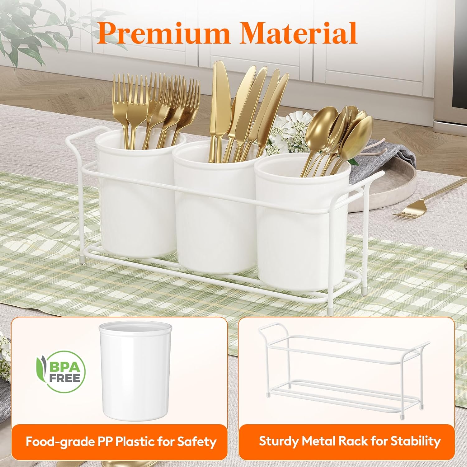 Lifewit Plastic Silverware Caddy with Metal Rack, Utensil Holder for Party, Cutlery Flatware Organizer for Kitchen Countertop, Forks Spoons Knives Storage for Picnic Camping Outdoor Buffet, White