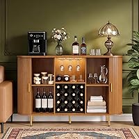 DHH 55" Fluted Wine Bar Cabinet with LED Lights, 12-Bottle Rack, Glass Holders & Storage - Mid-Century Modern Sideboard (Yellow Walnut)