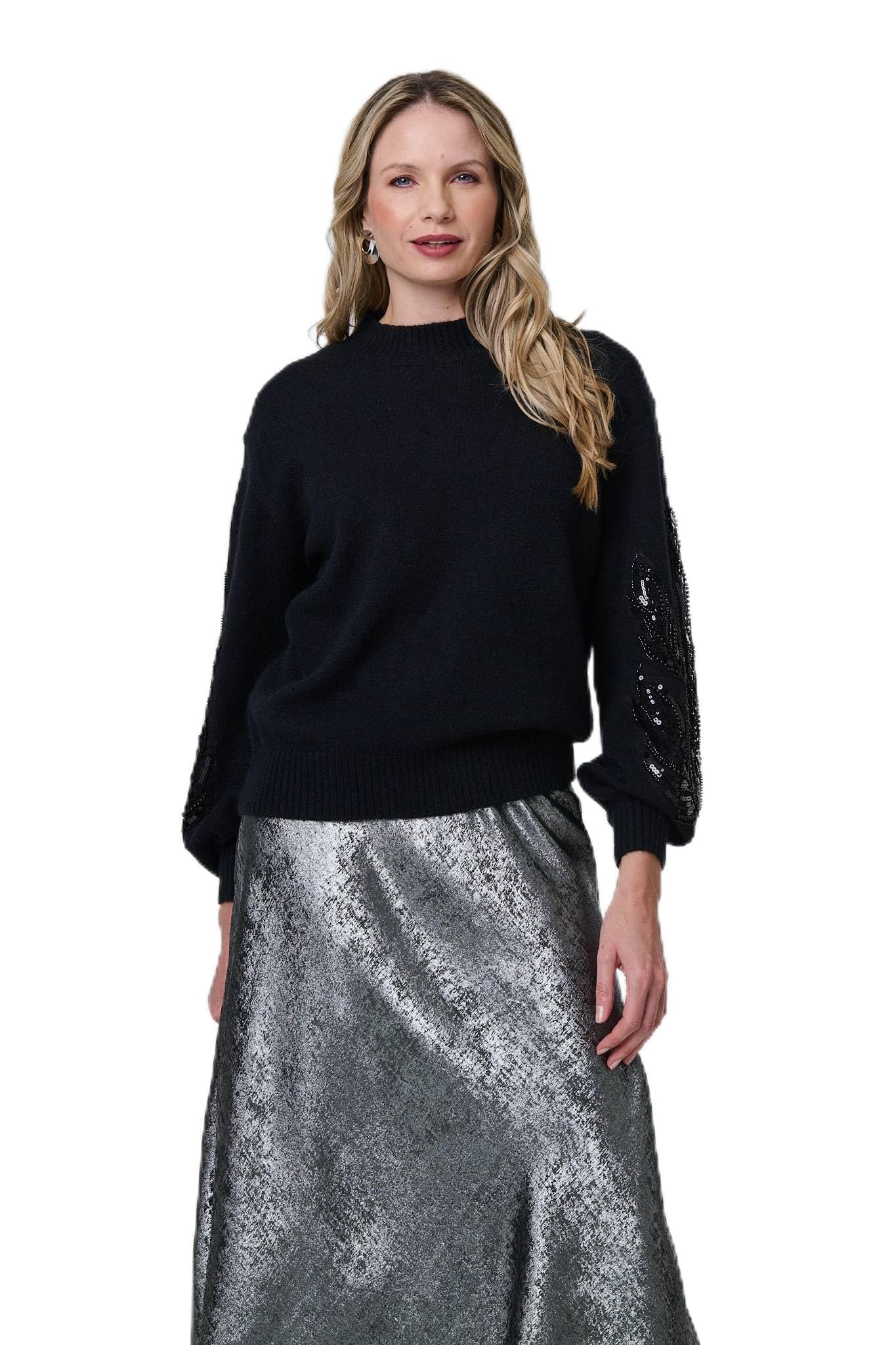 Izabel London Women's Black Sequin Embellished Relaxed Jumper In | Size: Medium