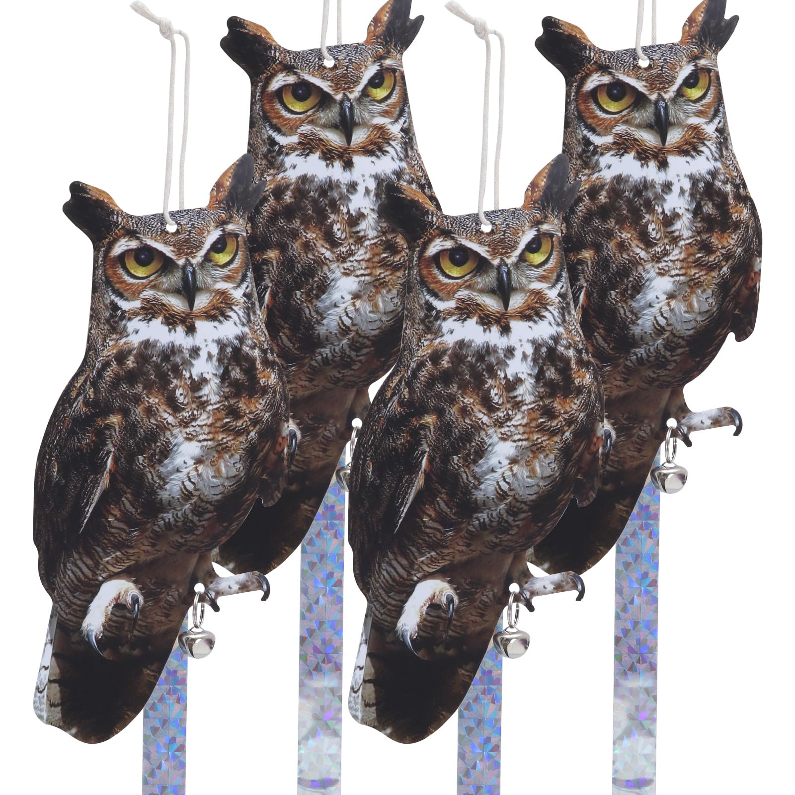 OffiCreative Bird Scarer, 4Pack Fake Owl Hanging Owl to Keep Birds Away Reflective Hanging Bird Decoration to Keep Birds Away from Garden Patio Windows, Mighty Hawks 4pcs