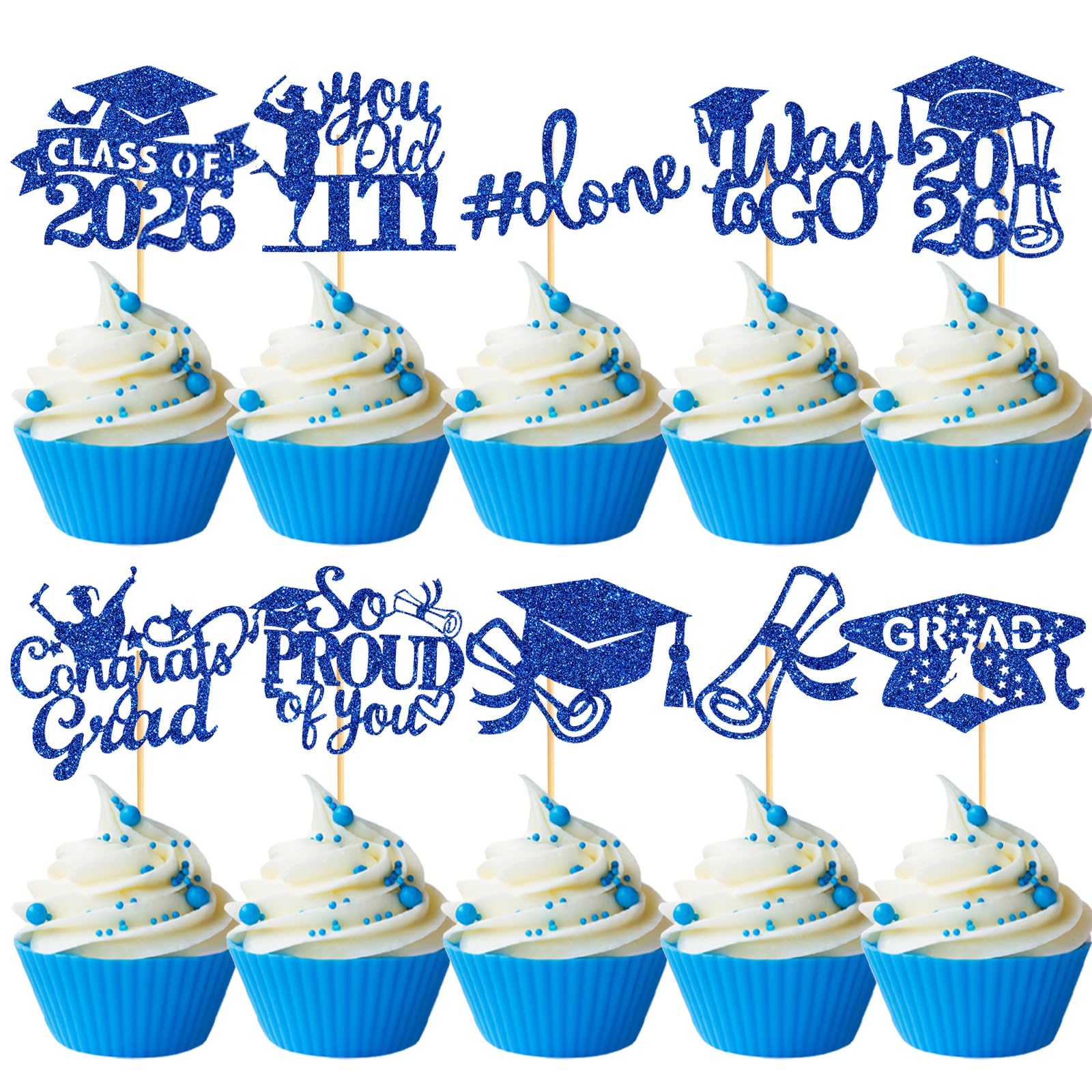60 Pcs Graduation Cupcake Toppers,Glitter Class of 2026 Cupcake Toppers Grad Cap Cake Toppers Picks 2026 Graduation Party Supplies,Blue