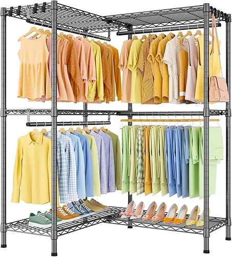 Miniatura 12 de E15 - Perchero en forma de L para esquina, perchero independiente para colgar ropa, organizador de armario resistente con 4 varillas para colgar y 8