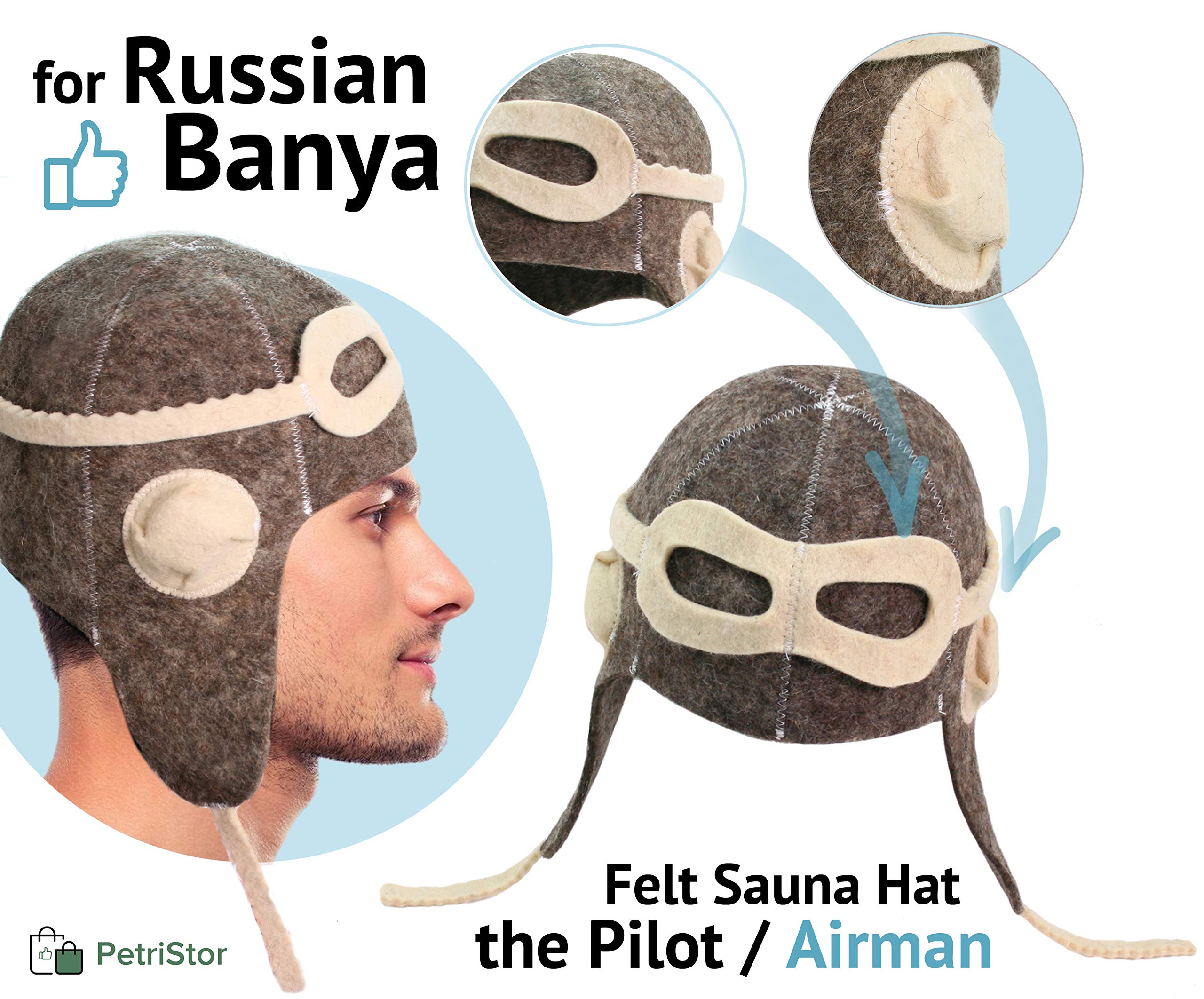 PetriStor Sauna Hat Pilot/Flyer/Airman for Man Natural Felt 100% Natural Made in Ukraine (Gray)