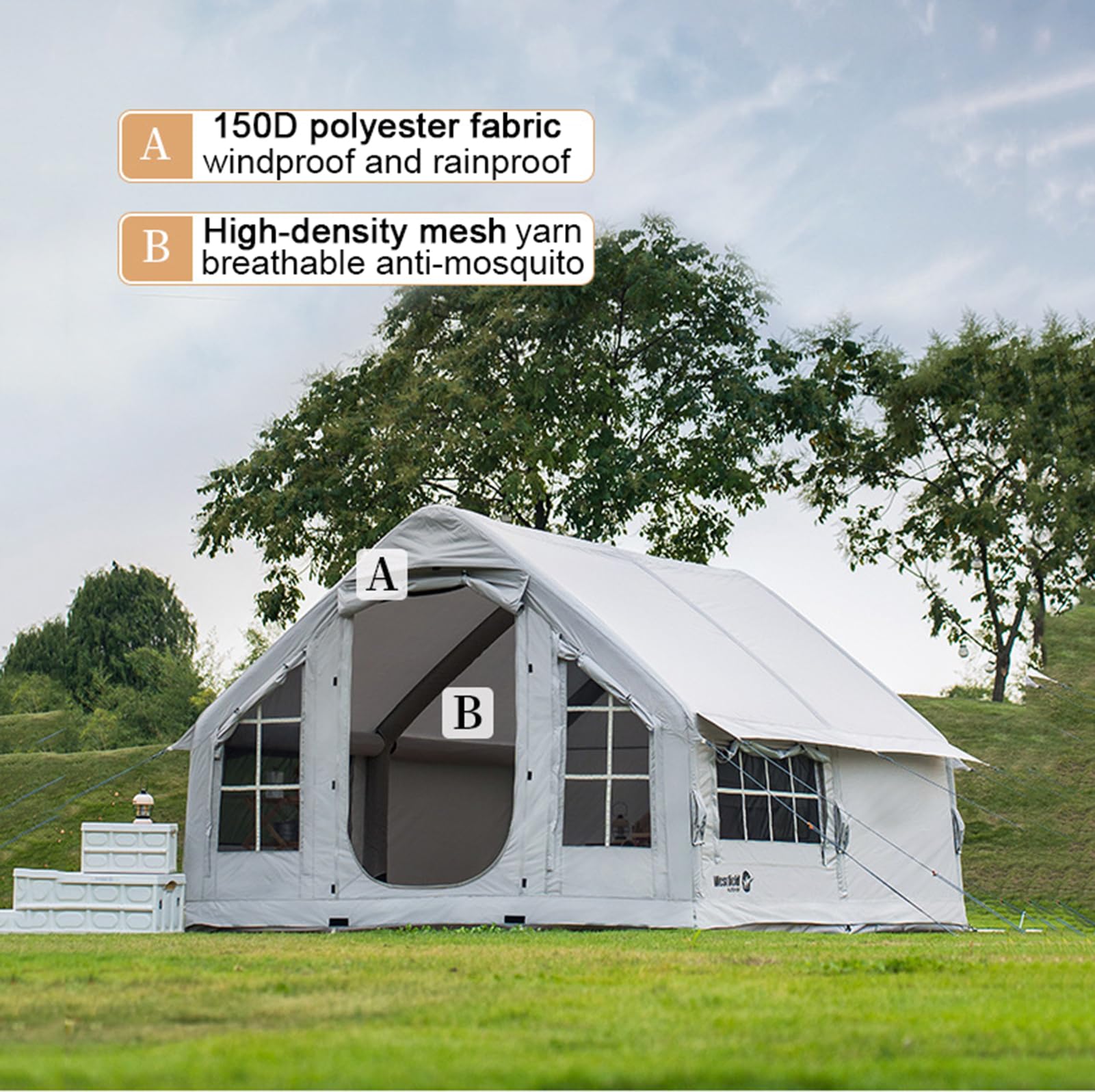 Tente De Camping Gonflable avec Ouverture De Cheminée, Tente Gonflable, Grande Tente Extérieure Imperméables avec Pompe À Air pour 6-8 Personnes, Tente Camping Familiale, Protection UPF 50+