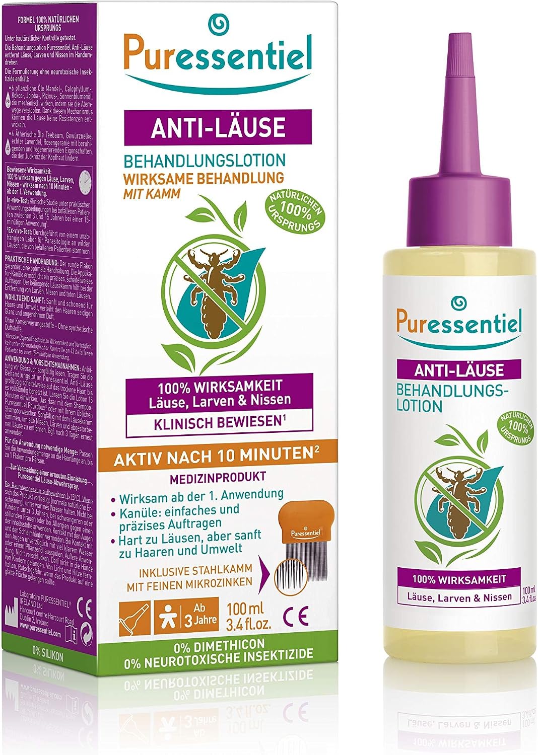 Puressentiel Anti-Lice Treatment Lotion and Comb 100 ml - head lice lotion 100% natural origin proven efficiency in 10 minutes micro-grooved comb included