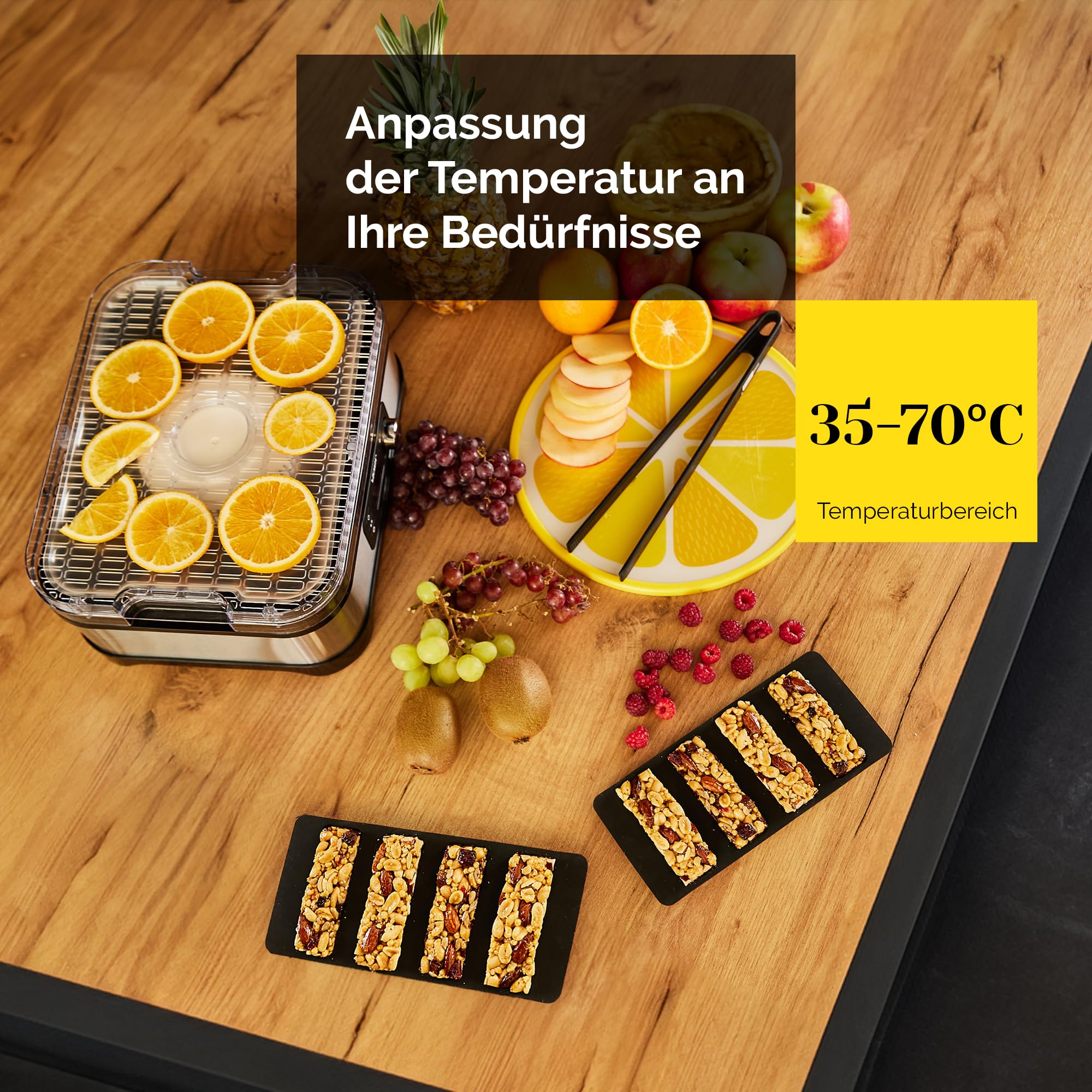 Yoer Dörrautomat Edelstahl, Dörrgerät mit 6 Einlegefächern, 35-70°C, 4725 cm2, 24h Timer, Dehydrator, 450W, Beef jerky, Obst, Kräutertrockner, Müsliriegel, LED-Anzeige, VitaSave FD01S