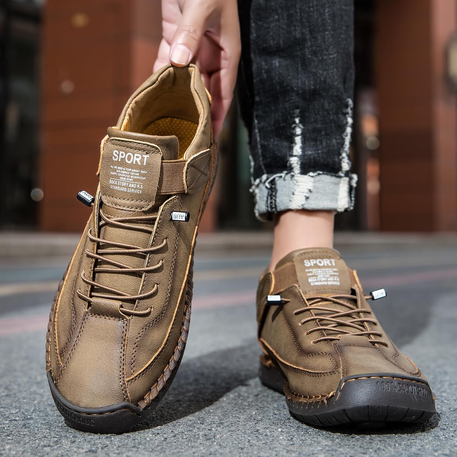 Womens Hand Stitching Leather Slip-On Ankle Boots with Adjustable Elastic Band Casual Lightweight Non-Slip Walking Loafers Retro High Top Flat Boat Shoes