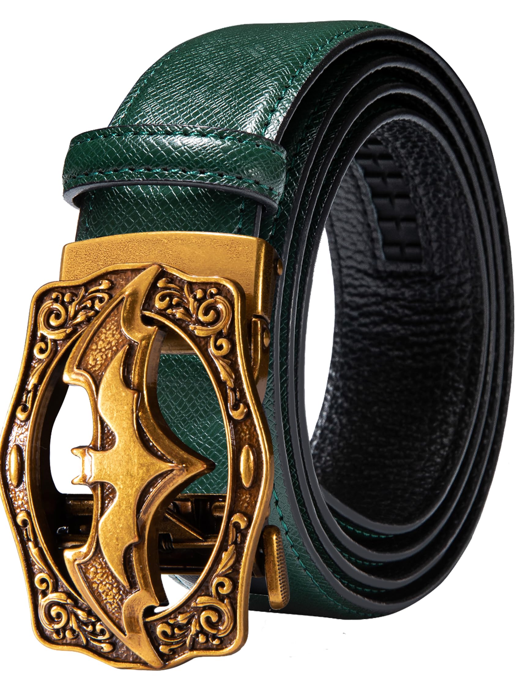 Barry.Wang Black Belt Men Genuine Leather Ratchet Automatic Buckle Belts 1 3/8" Strap Wedding Business Party Trim to Fit