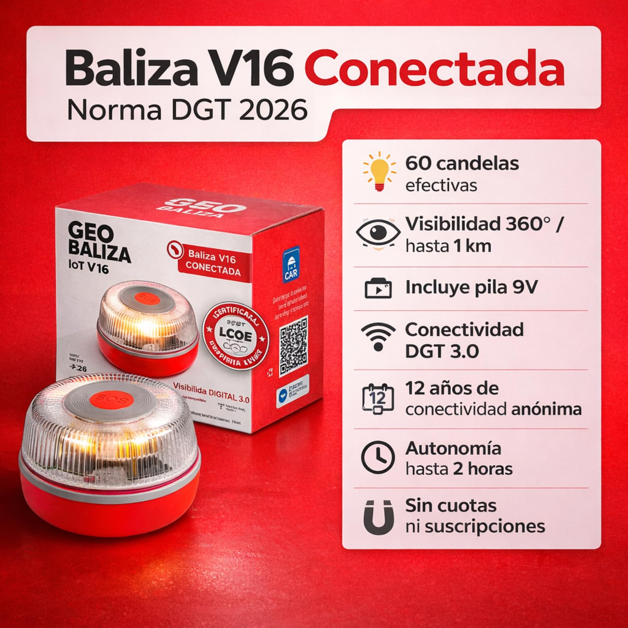 Geobaliza Baliza V16 Homologada DGT con Geolocalizador | Luz de Emergencia Coche Certificada DGT 3.0 | 12 Años Conectividad - V16 Homologada 2026 — view 2