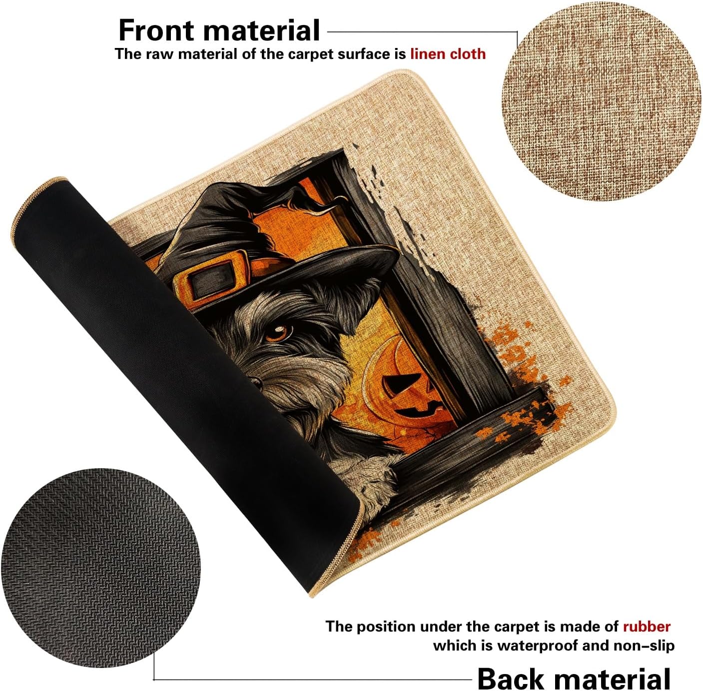 Halloween Schnauzer Dog Front Black Door Mat Outside Inside Entrance 29 * 17, Cute Funny Window Outdoor Indoor Washable Doormat, Small Pet Shoes Off Doormat for Patio Interior Garage