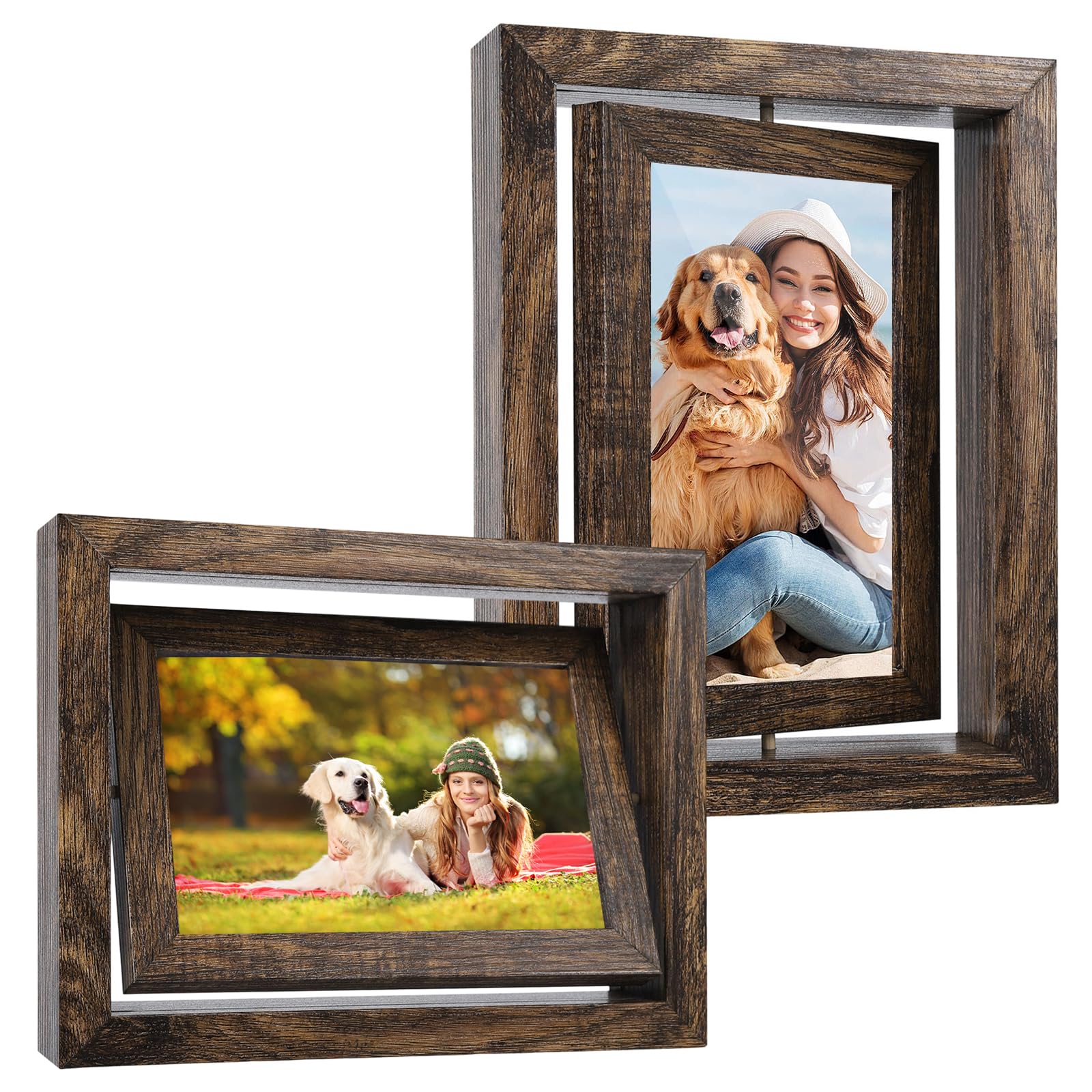 2-Pack 4x6 Rotating Floating Photo Frame - 360° Spinning Wooden Tabletop Display with HD Glass, Double-Sided for Horizontal/Vertical Orientation (2pc Brown)