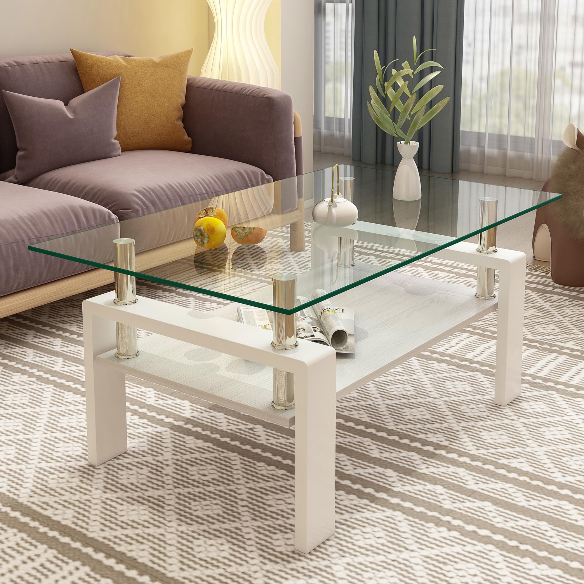 Alukang Glass Coffee Table for Living Room, Rectangle Glass Coffee Table with Storage Shelf, Transparent Coffee Tabletop with White Metal Legs for