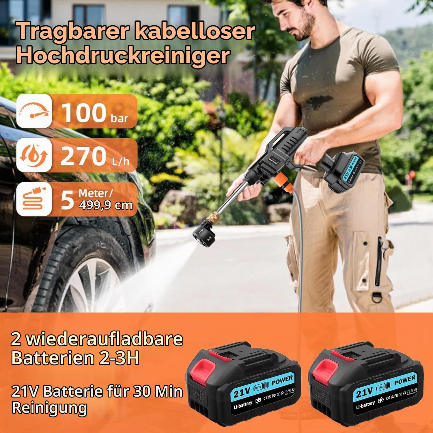 Akku Hochdruckreiniger 100 Bar 270 L/H | Auto Tragbarer Pistole mit 2 x 3000mAh Akku | Waschpistole Mobiler 6 in 1 Verstellbare Düse 5 M Schlauch für Terrasse Auto