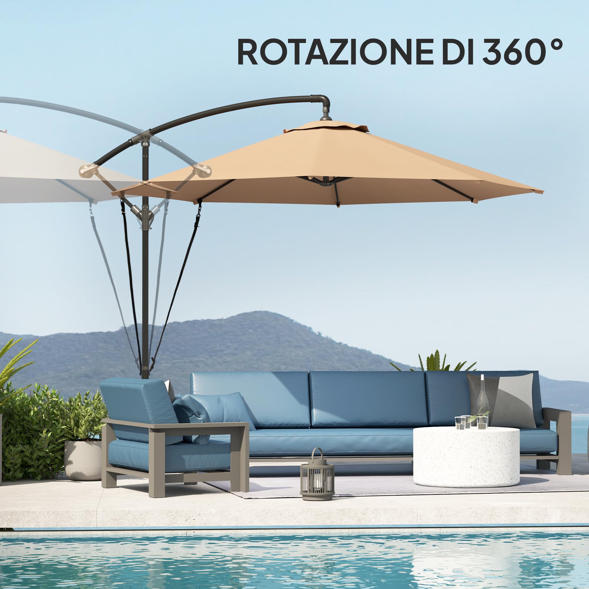 Outsunny Ombrellone Decentrato Ø3 m Ombrellone da Giardino UV 50+ Cachi | Prese d'Aria, Base a Croce e Manovella, Inclinabile e Girevole, Metallo e Poliestere 180 g/㎡