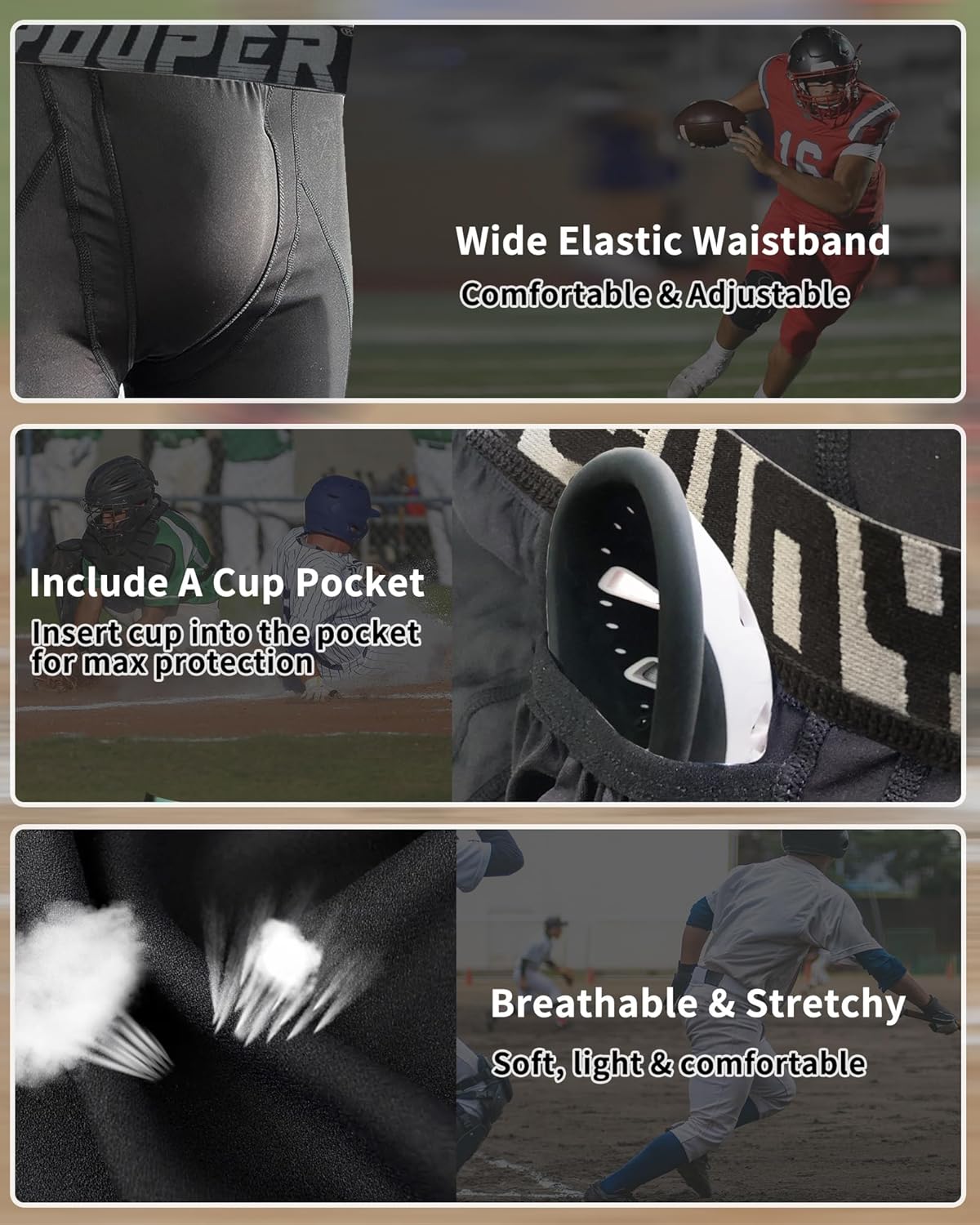 Youper 2-Pack Adult Compression Shorts w/Cup Pocket, Men's Athletic Supporter for Baseball & Football - Image 3