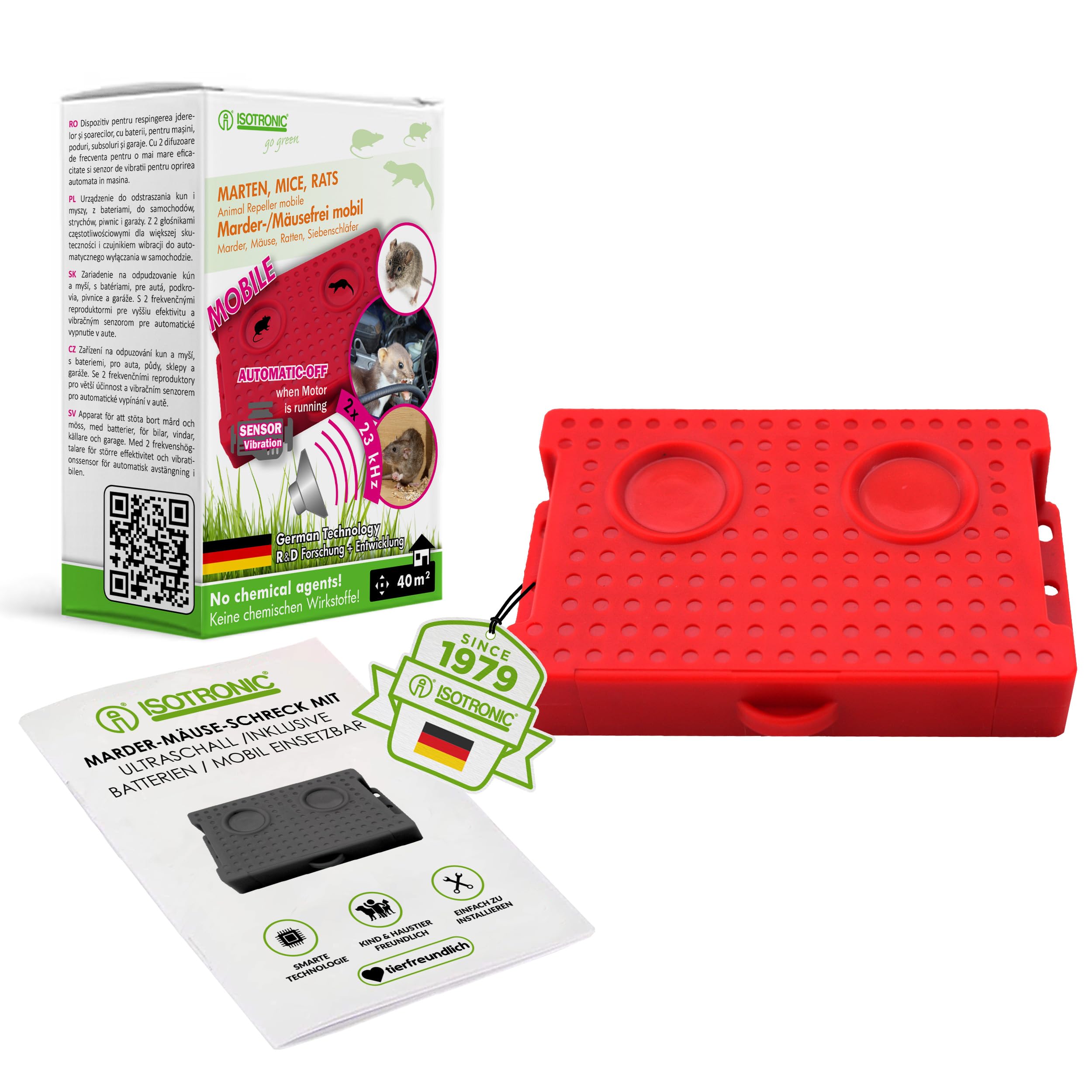 ISOTRONIC® Odstraszacz kun do samochodu, tradycja od 1979 roku, ochrona przed kunami, na strych, do domu, ogrodu, magazynu, garażu, samochodu, komory silnikowej, ultradźwiękowy, zasilany bateriami i