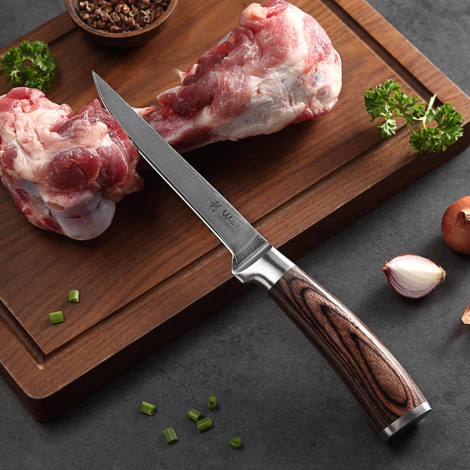 WAKOLI Edib Couteau à désosser en Damas I Lame tranchante de 14,5 cm en acier damassé à 67 couches avec manche en bois de pakka I Couteau de cuisine professionnel & couteau damassé