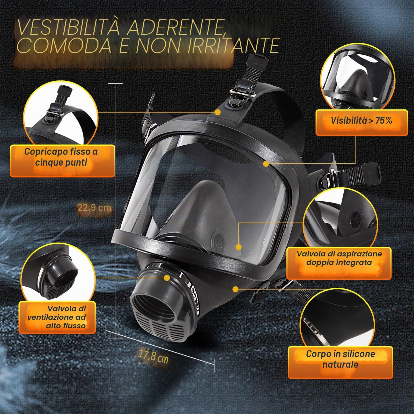 Maschera antigas chimica, maschera respiratoria integrale con filtro a carbone attivo da 40 mm per polvere, gas, vapori, sostanze chimiche, resina, levigatura, spruzzatura, lavori di costruzione